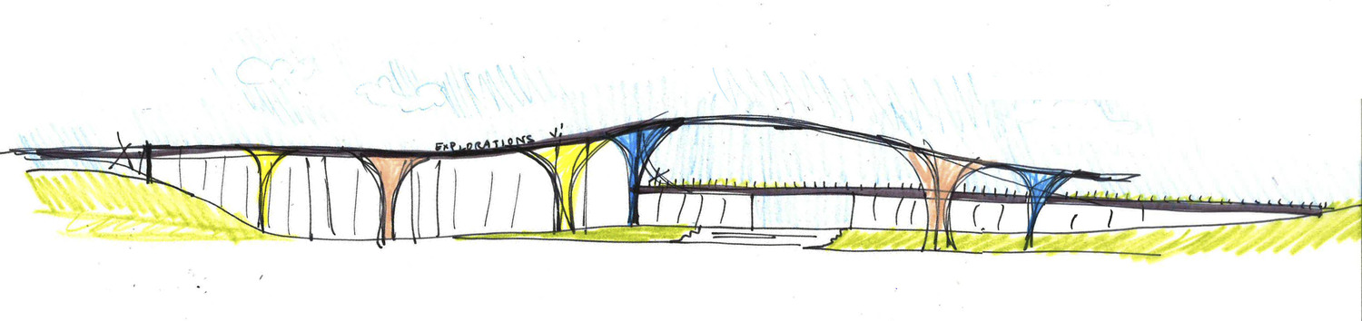 Yellow and blue sketch of the bridge