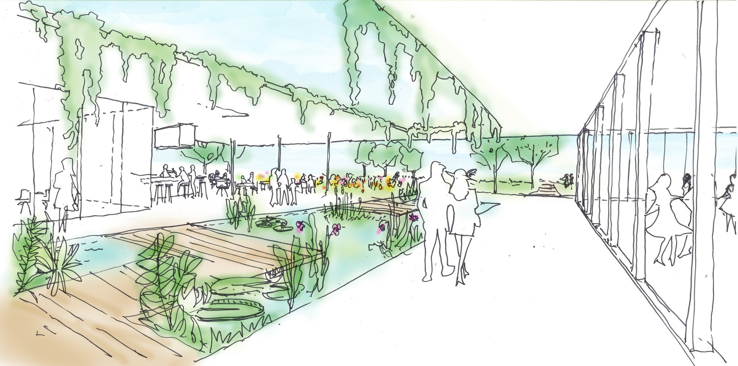 Sketch of people walking through event center with lots of plants decorating the central water feature