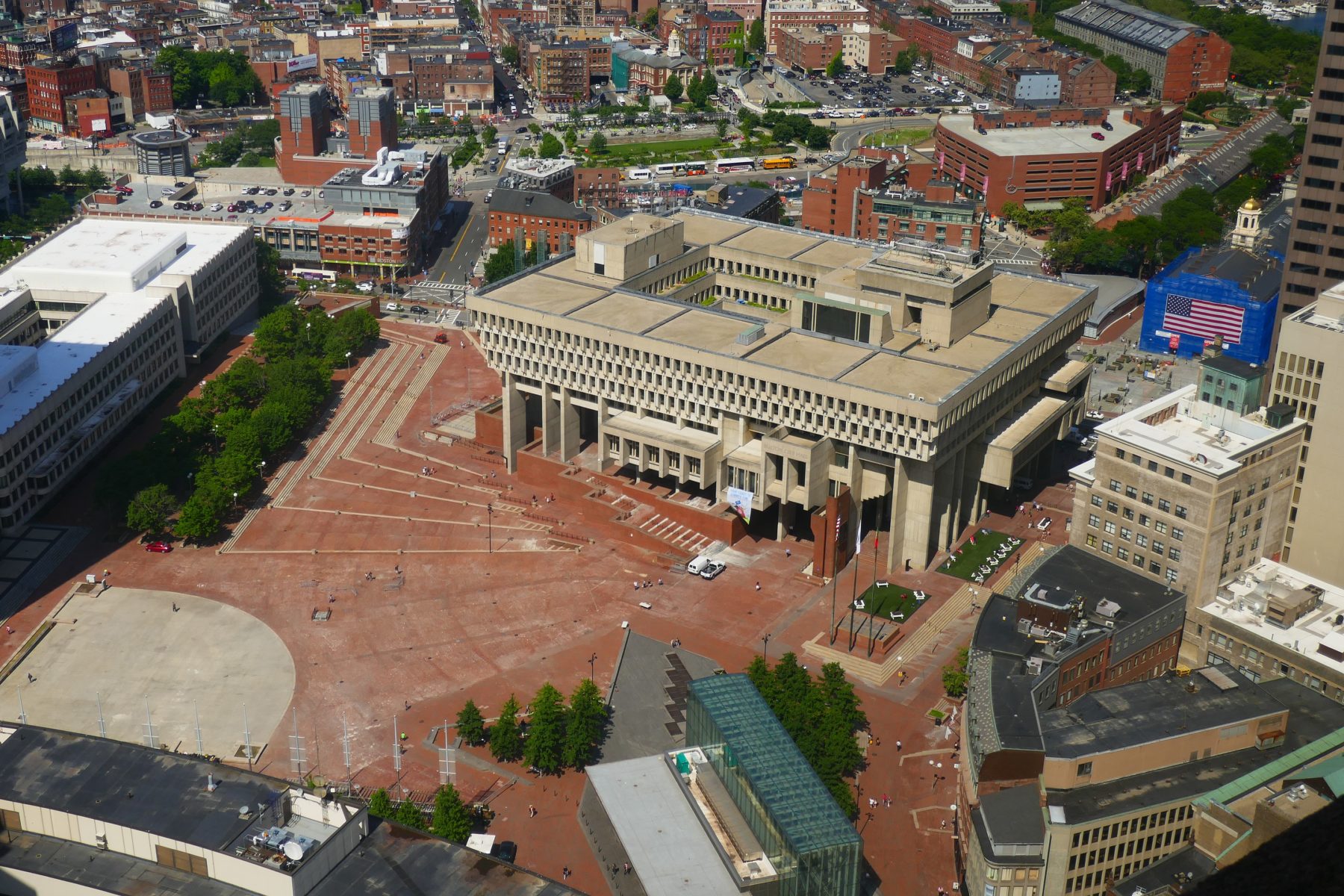 Aerial view of Boston City Hall Plaza before construction