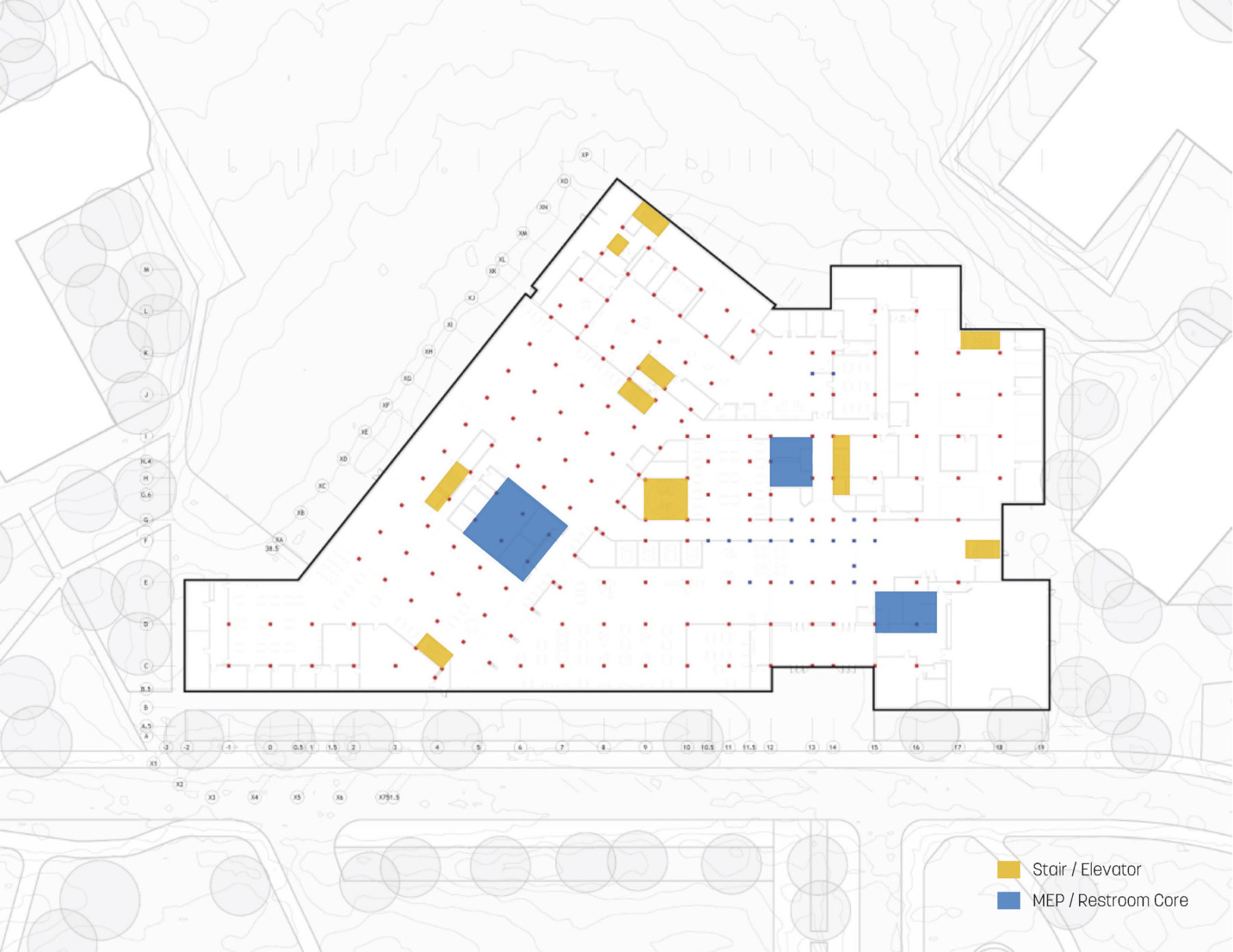 plan drawing highlighting column observations in the existing building