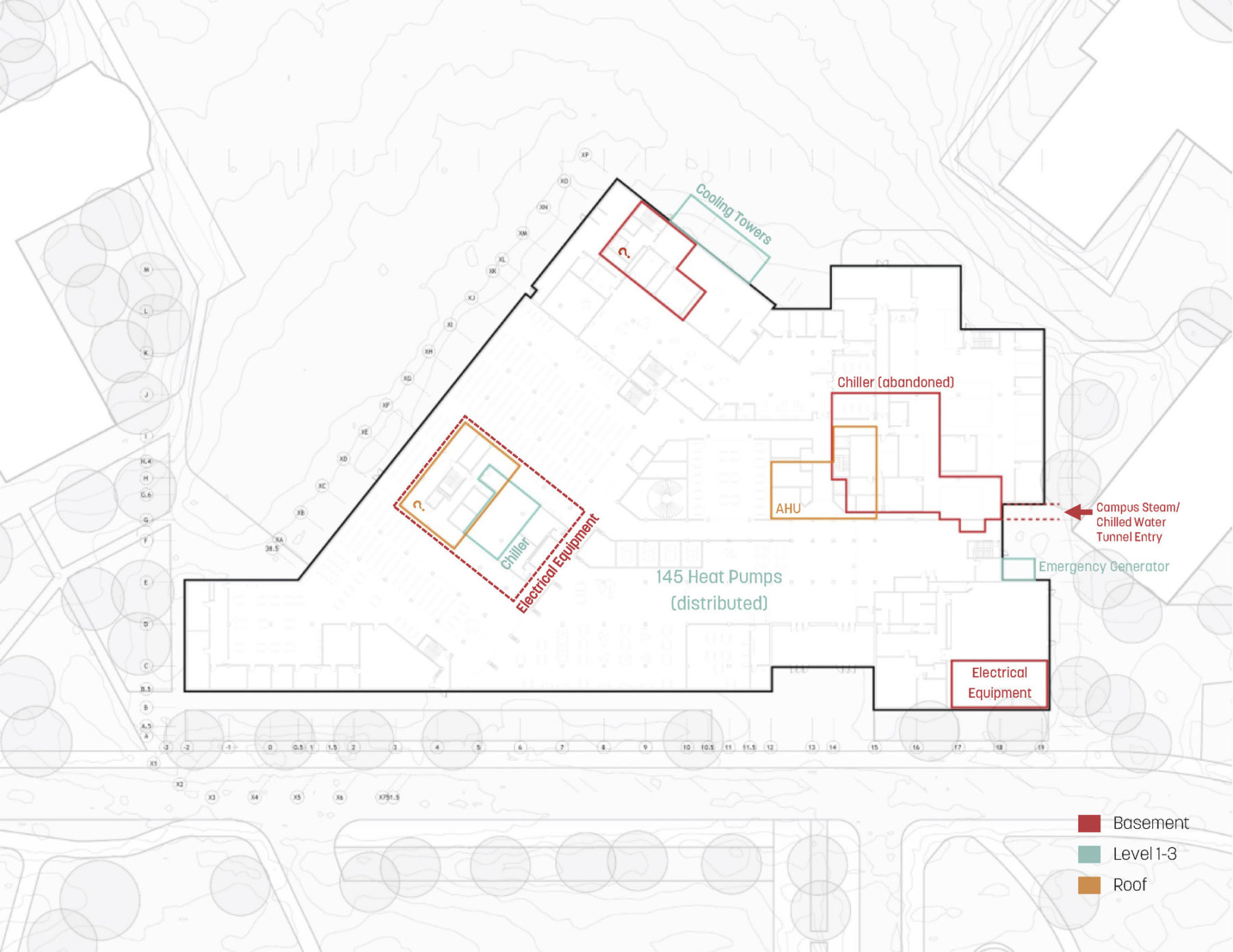 plan drawing highlighting MEP in the existing building