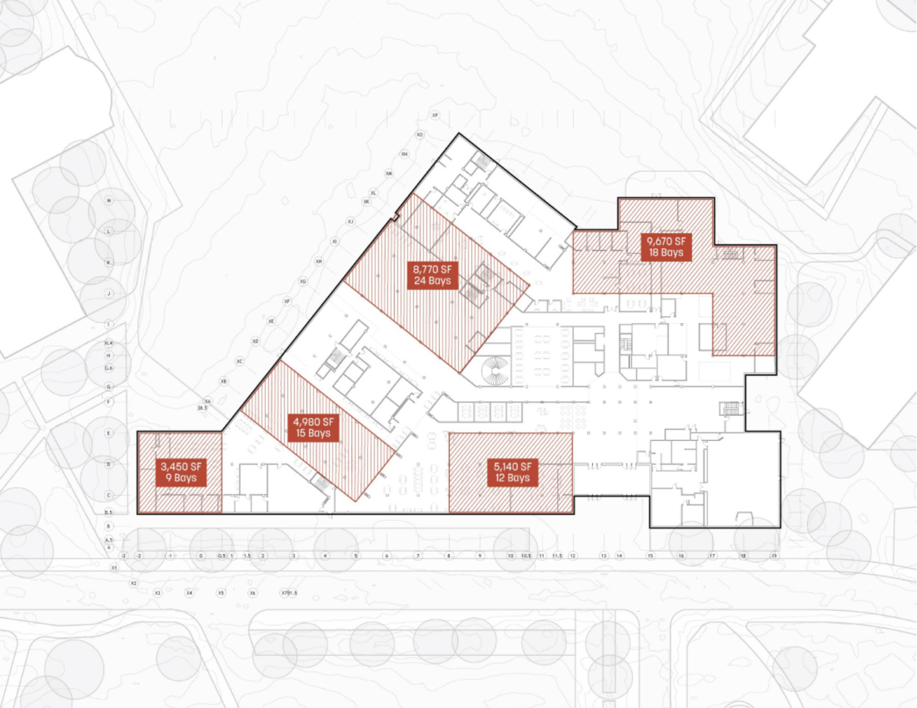 plan drawing highlighting shelving observations in the existing building