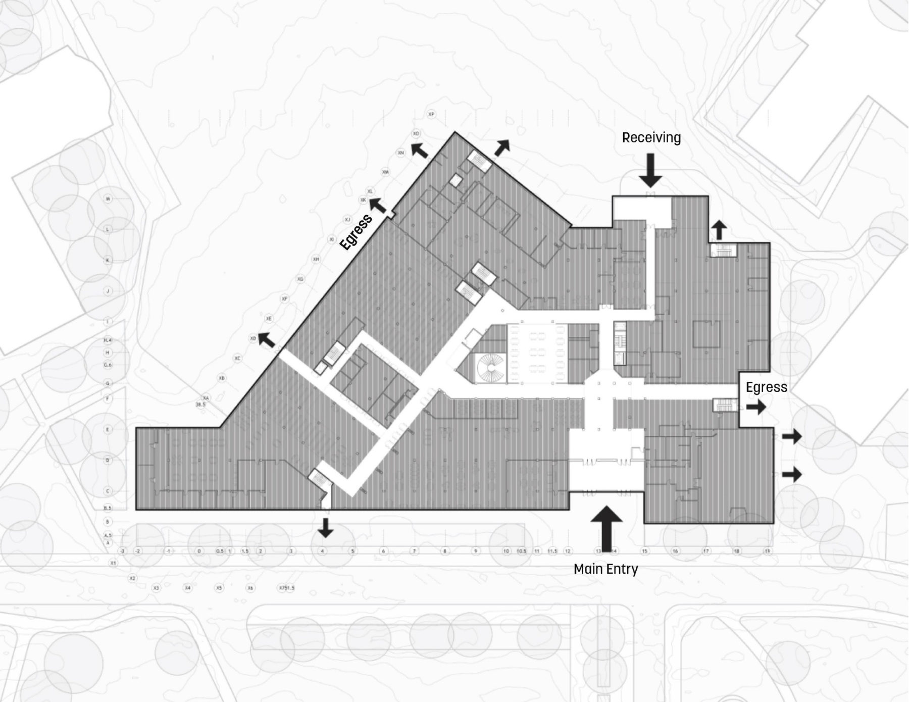plan drawing highlighting wayfinding observations in the existing building