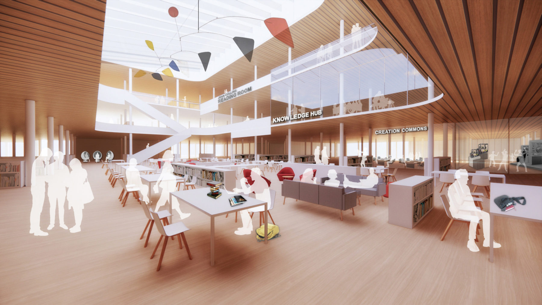 interior rendering of the building atrium with students sitting at tables of four