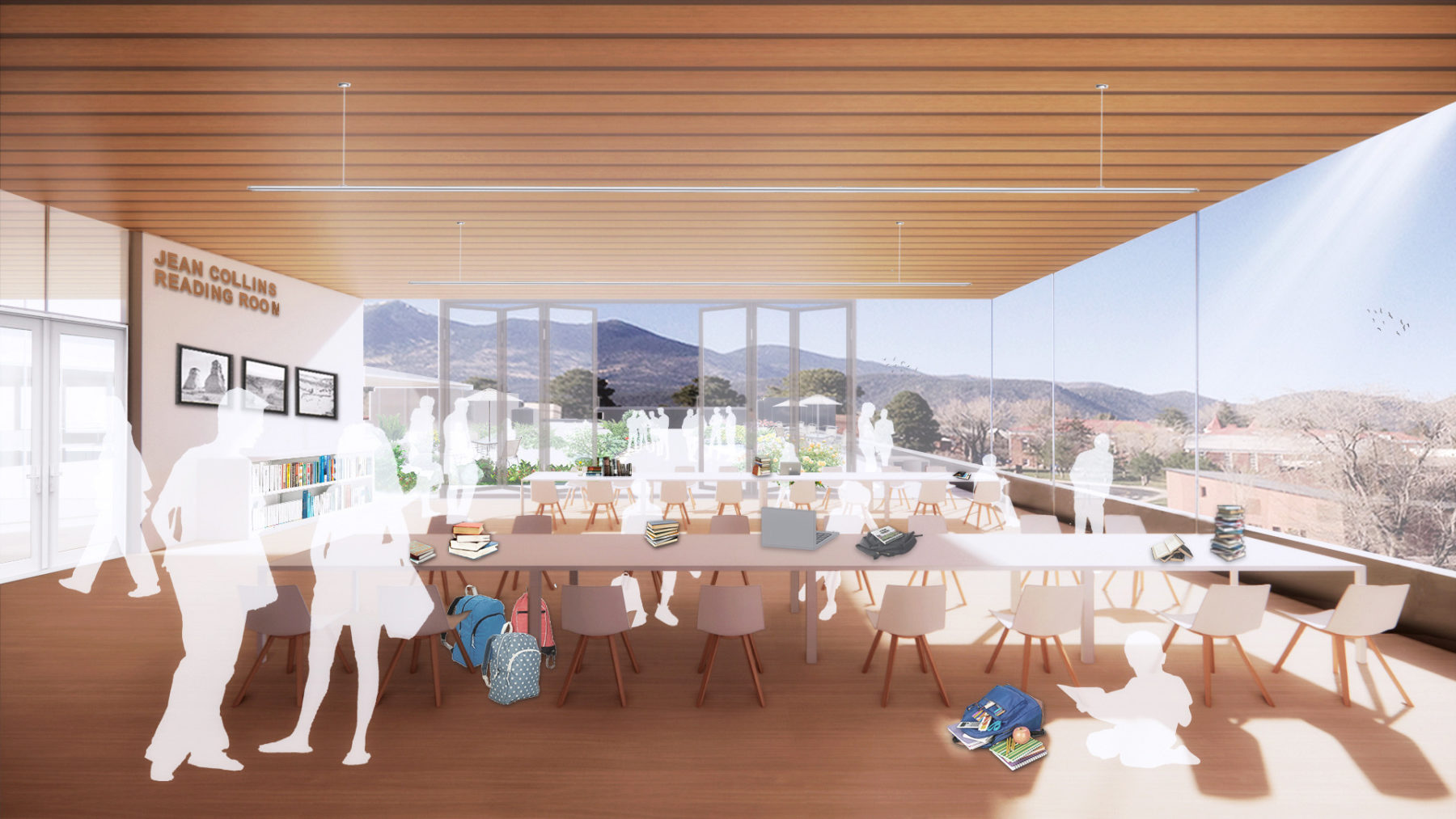 interior rendering of the reading room. Large tables with students and windows that overlook the mountain landscape