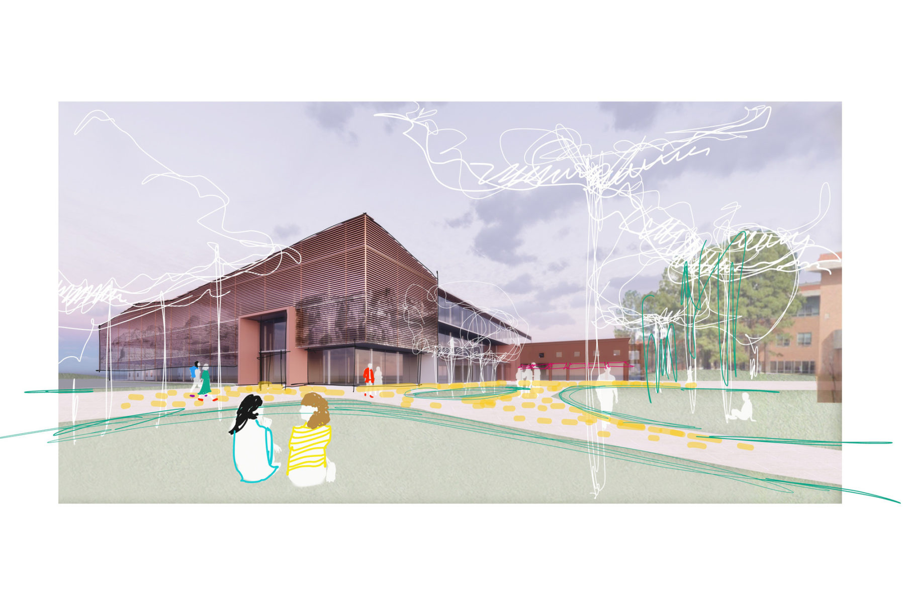 conceptual rendering of the west building entry - two students sit on the grass in the foreground