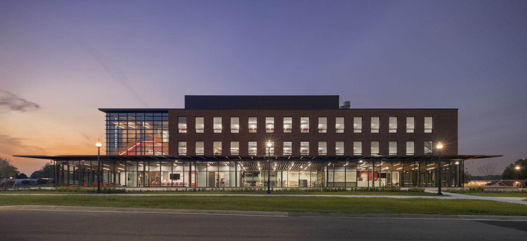 exterior elevational photo of building at night