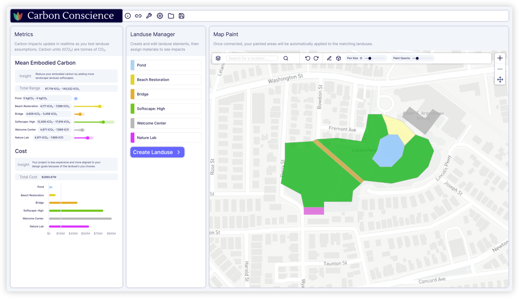 The tool in use: showing a birds eye view of a park with tabs on the side that show the embodied carbon used by different elements of the design
