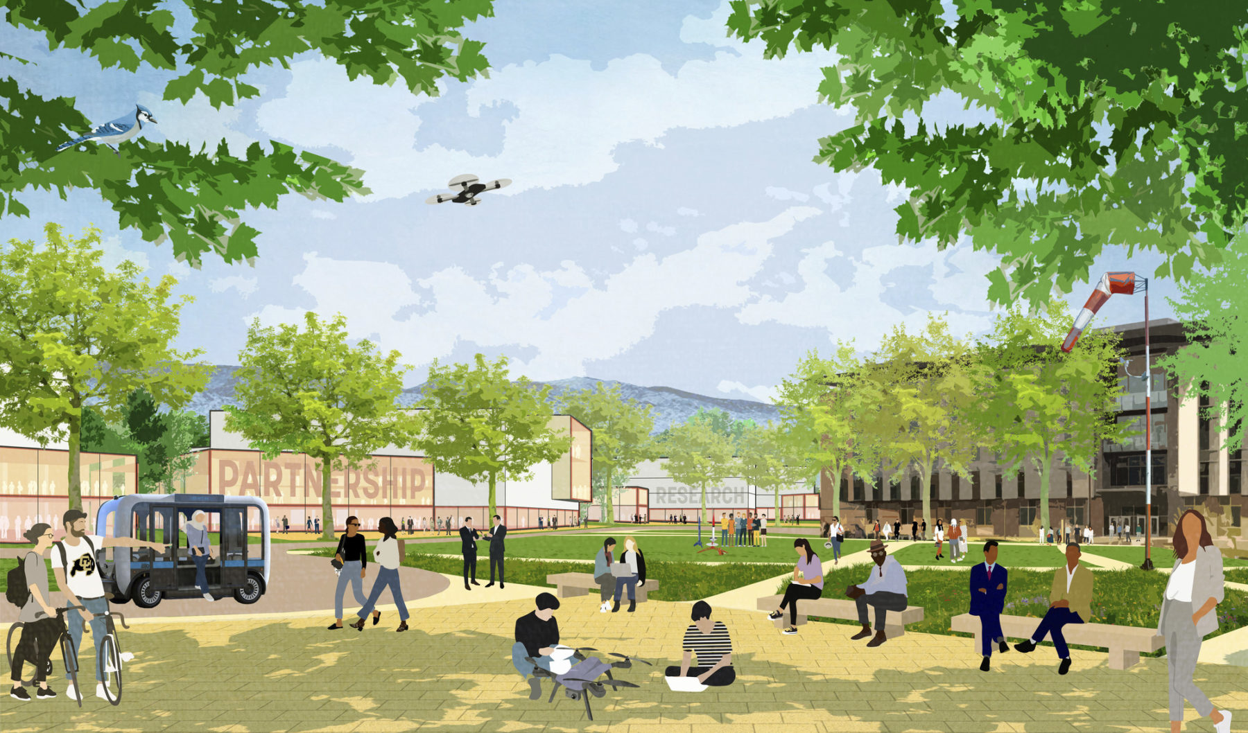 rendering of campus quad - students work on a robotics project in the foreground