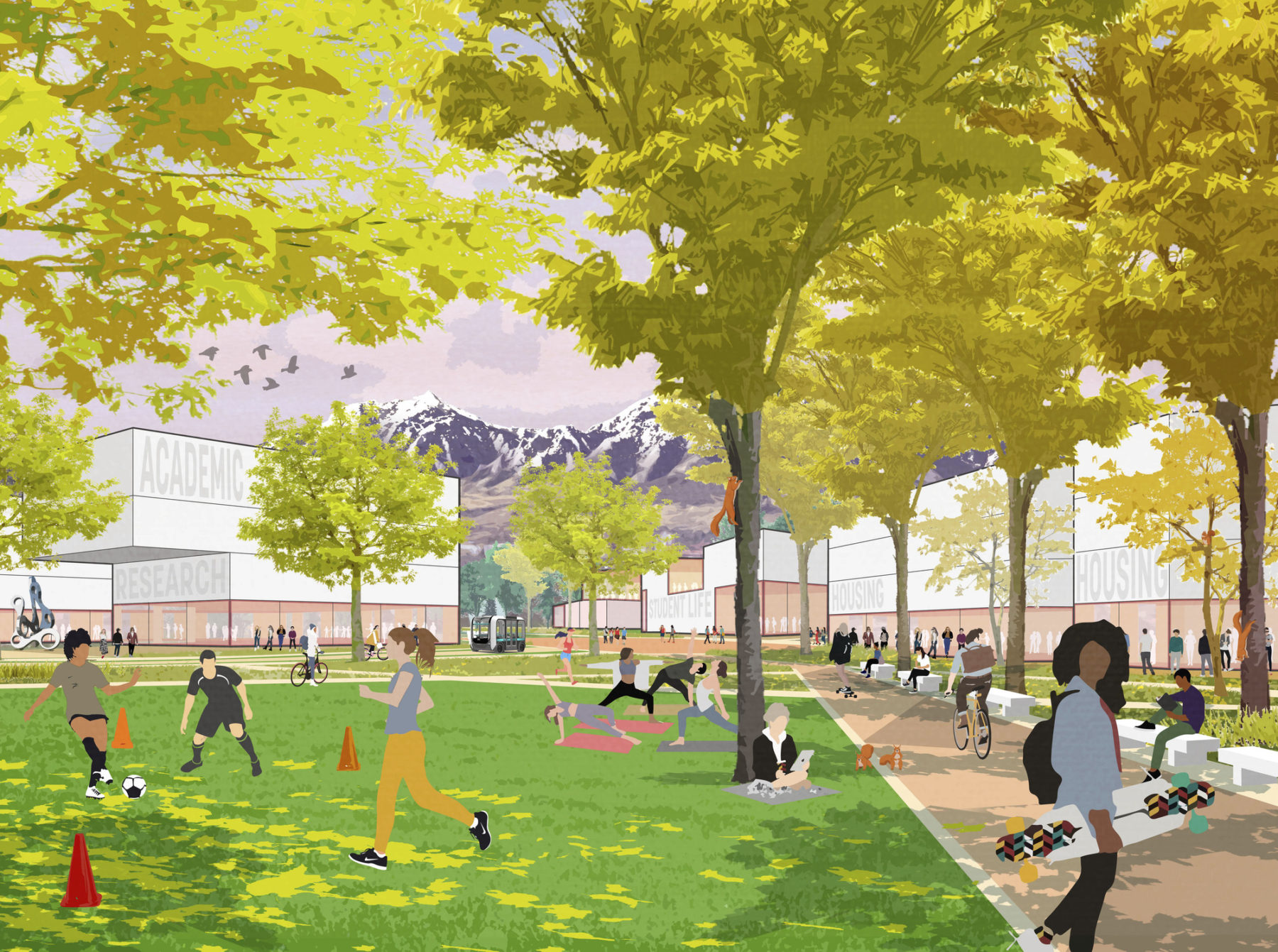 rendering of campus district - students enjoy leisure time in the quad
