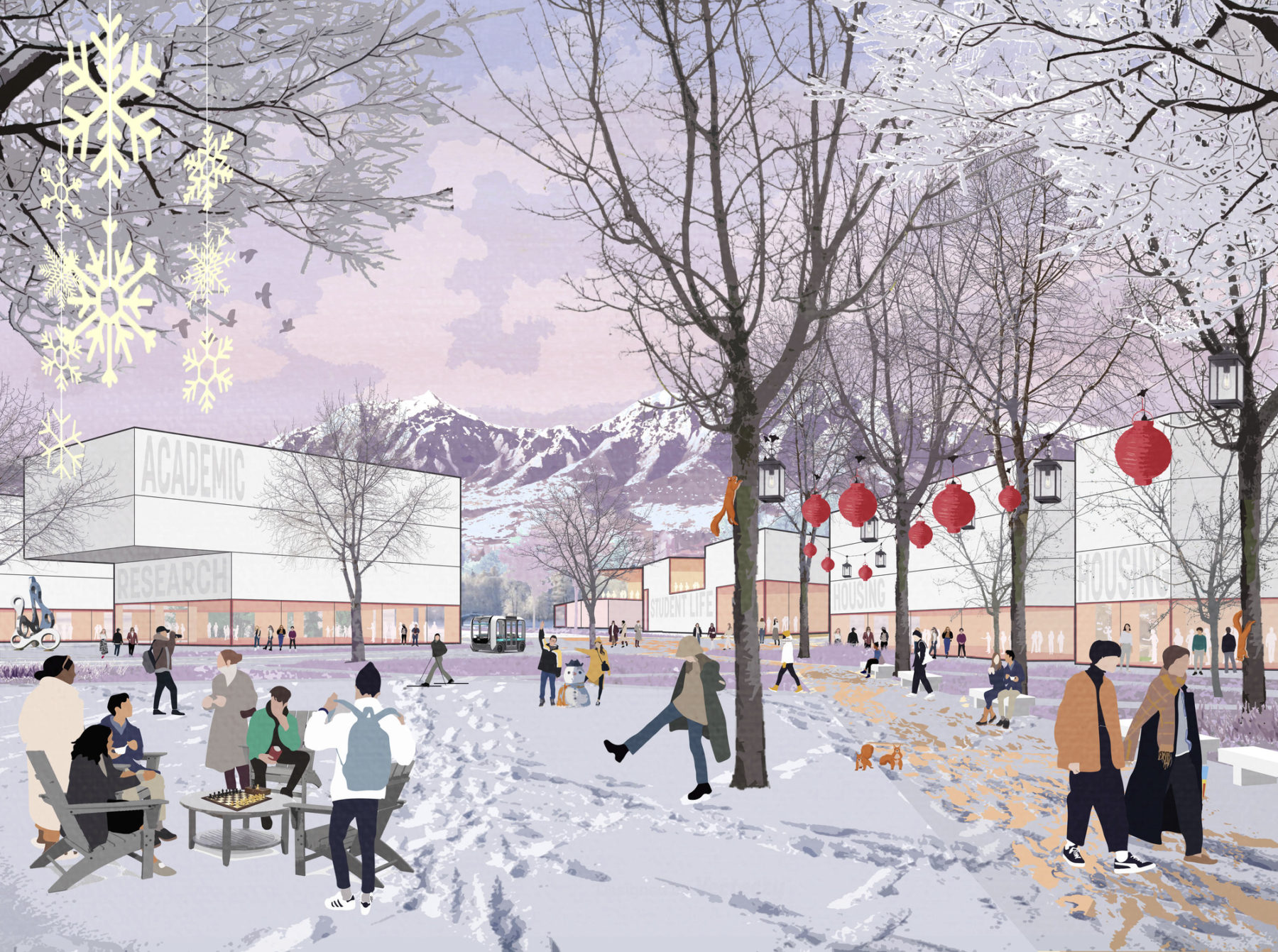 winter rendering of campus district - students enjoy the snow