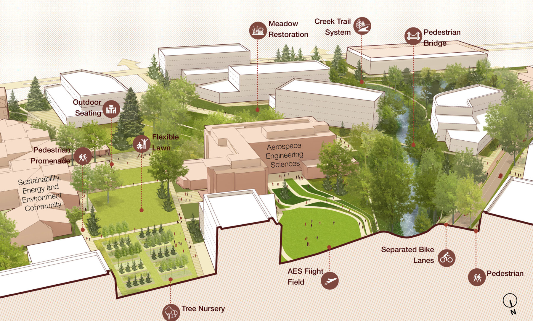 section axon of campus district highlighting amenities