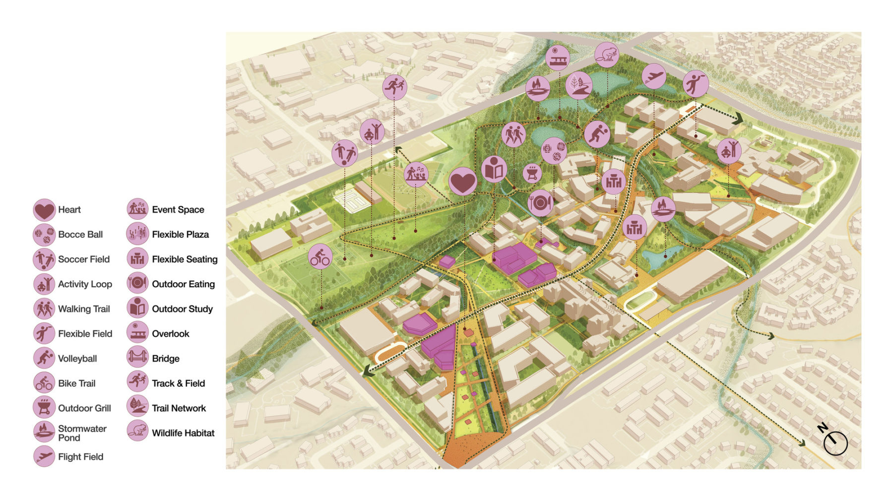 axon drawing diagramming student life amenities in campus district