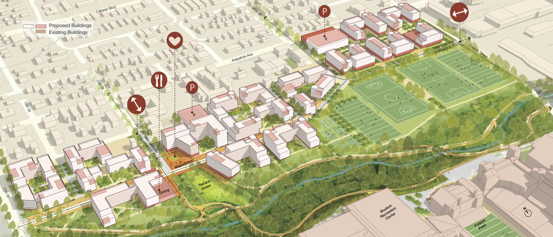 aerial axon drawing highlighting program elements in campus district