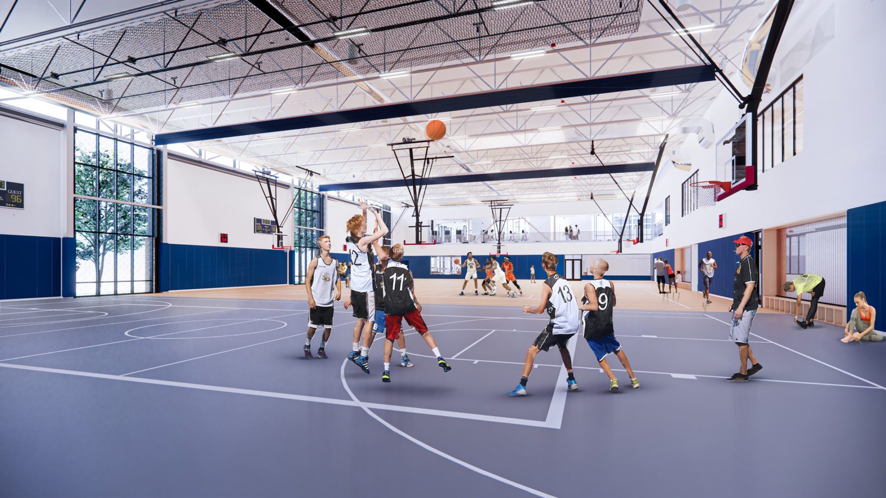 interior rendering of gymnasium. A group of students play basketball in the foreground.