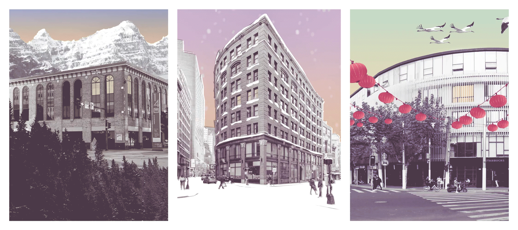 three animated illustrations of Sasaki's three offices in Boston, Denver, and Shanghai
