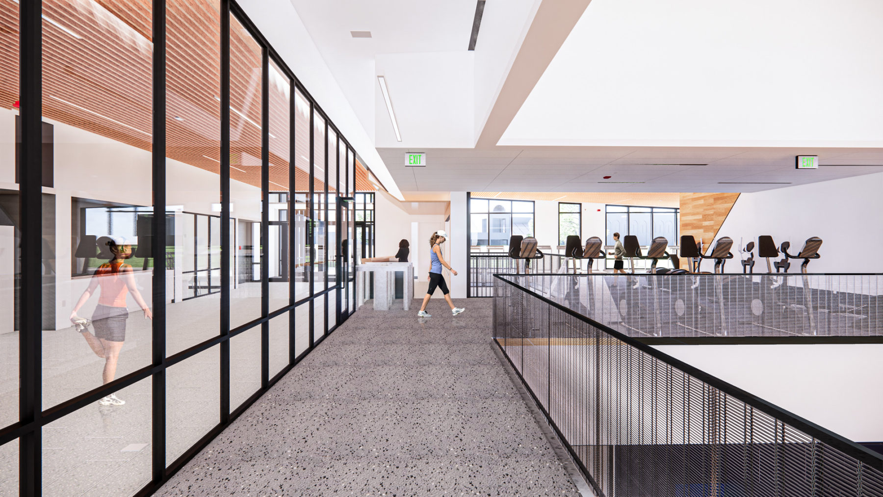 Interior rendering of fitness. Glass runs along left side of image and balcony overlooking gym below.