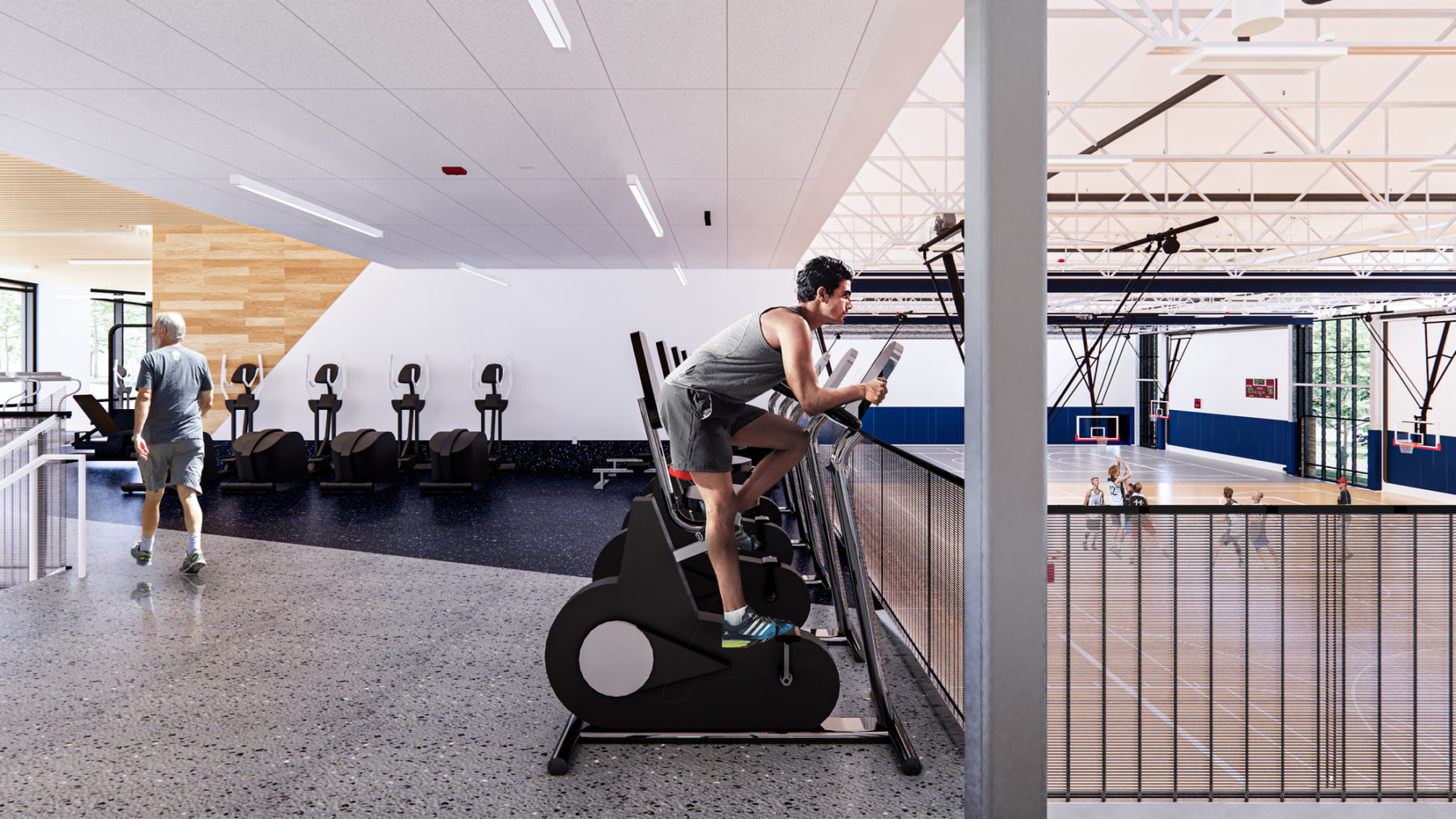 Interior rendering of fitness area. A student sits on a stationary bike overlooking the gymnasium below.