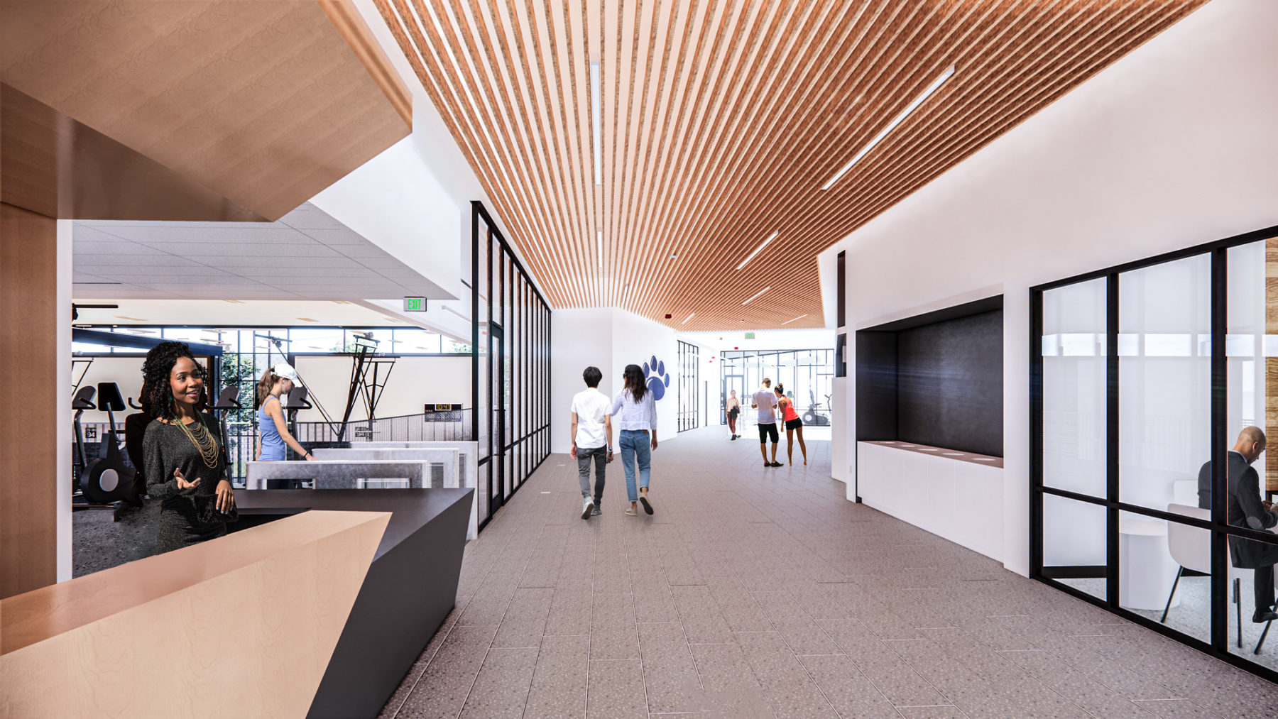 Interior rendering of building lobby. A woman stands behind the welcome desk and students walk along the hallway.