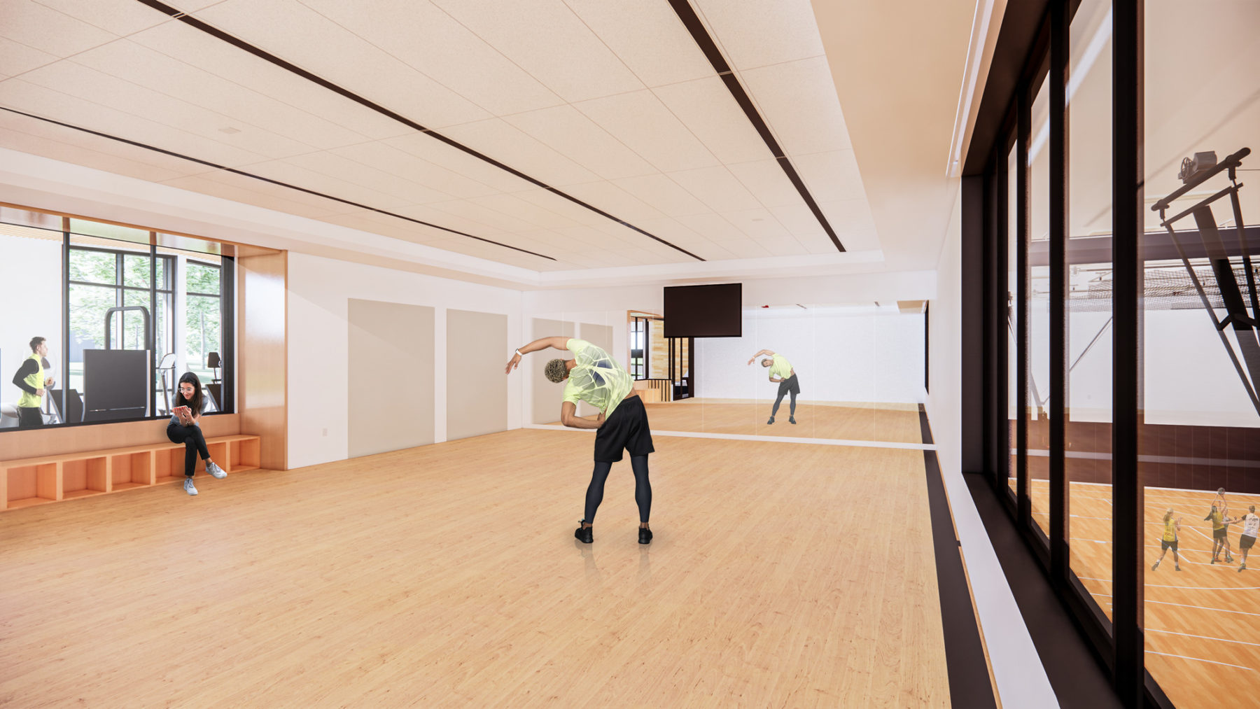 Interior rendering of multipurpose room. A student stands in a side stretch looking into a wall of mirrors.