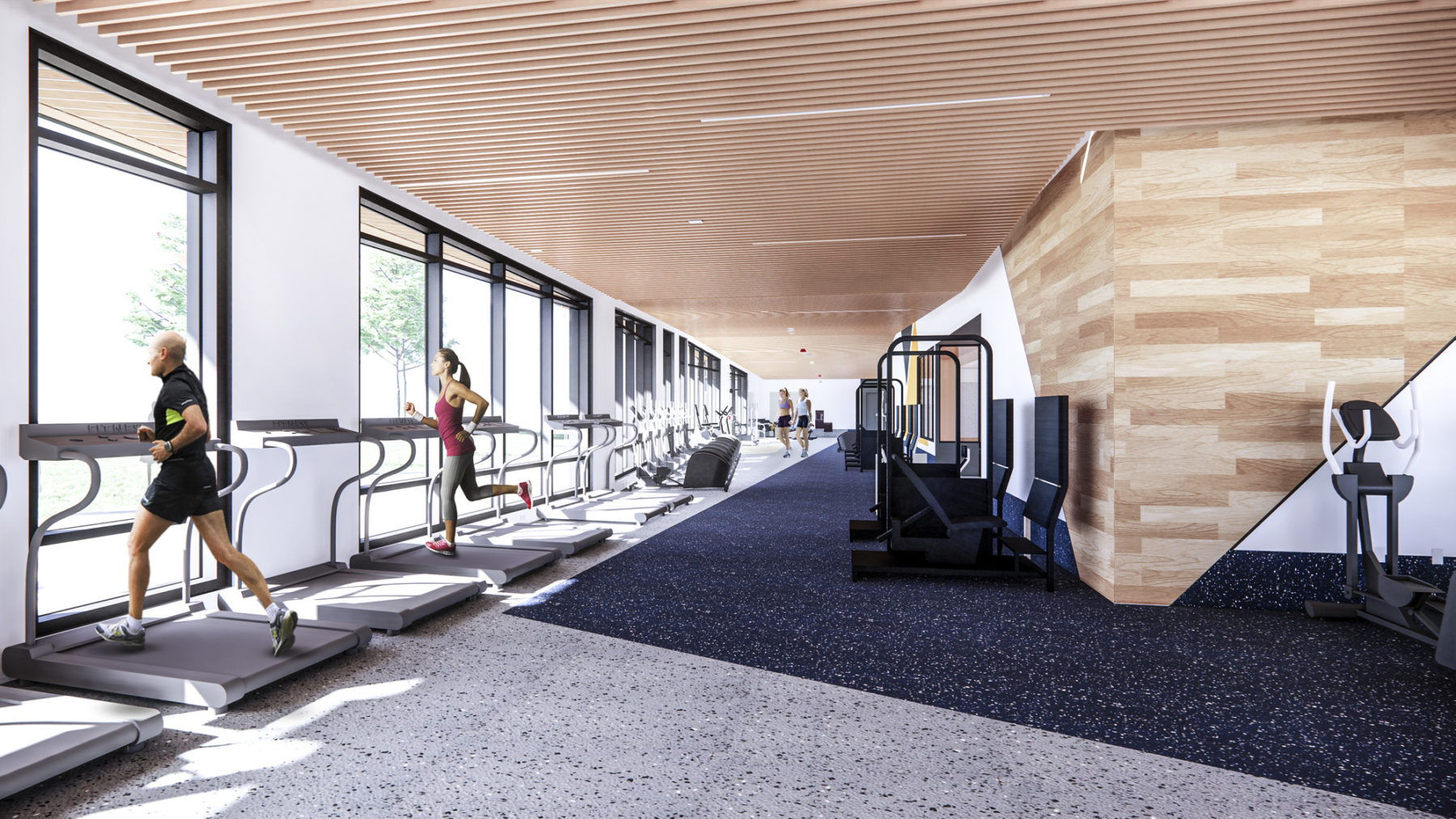 Interior rendering of fitness area. A man and a woman run on treadmills in the foreground.