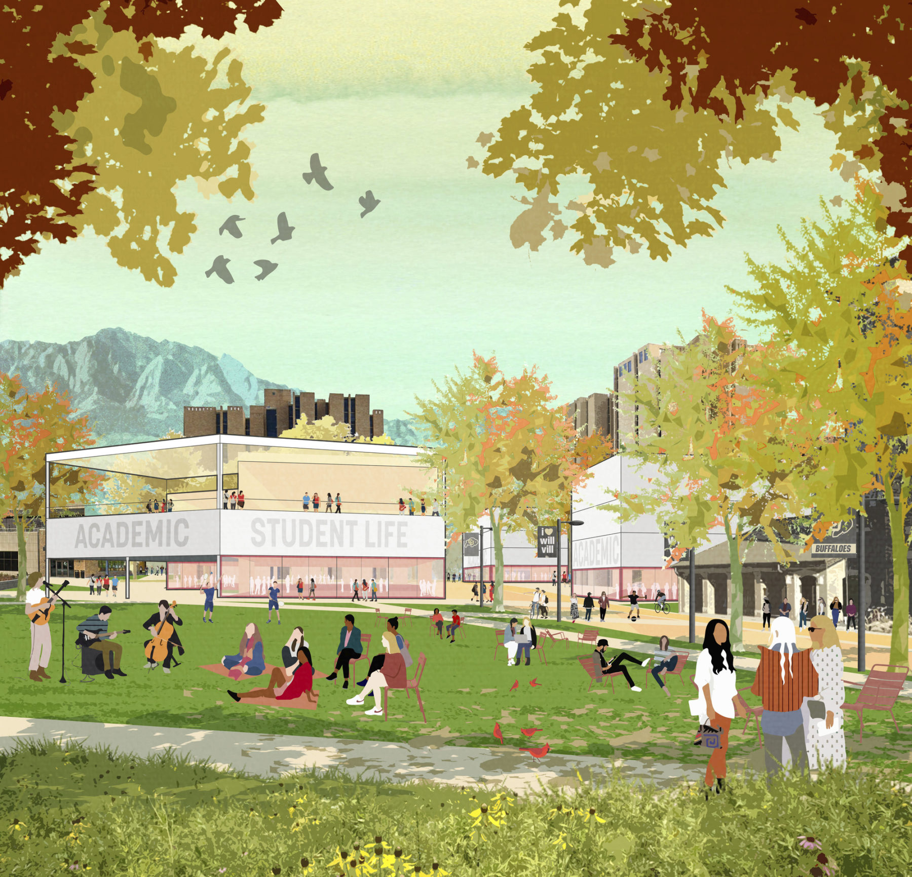 rendering of campus district in the fall. Students sit in groups on the quad