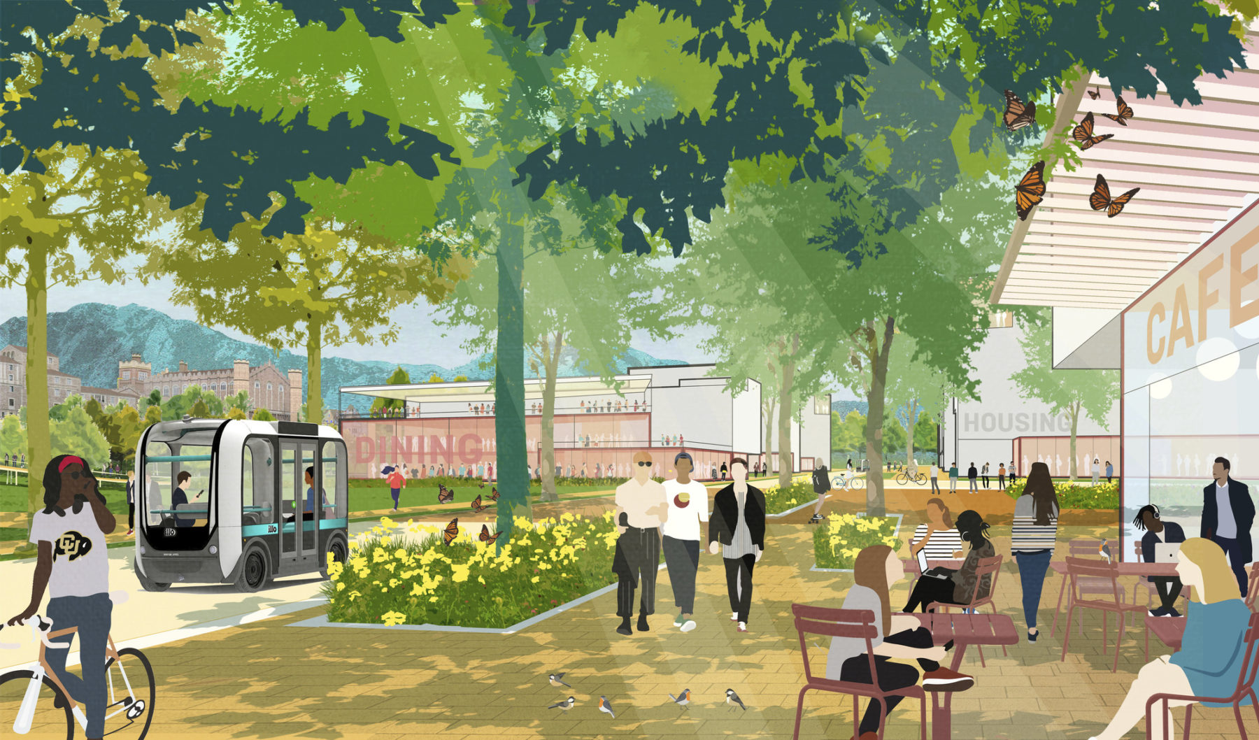 rendering of campus district students sit at an outdoor cafe