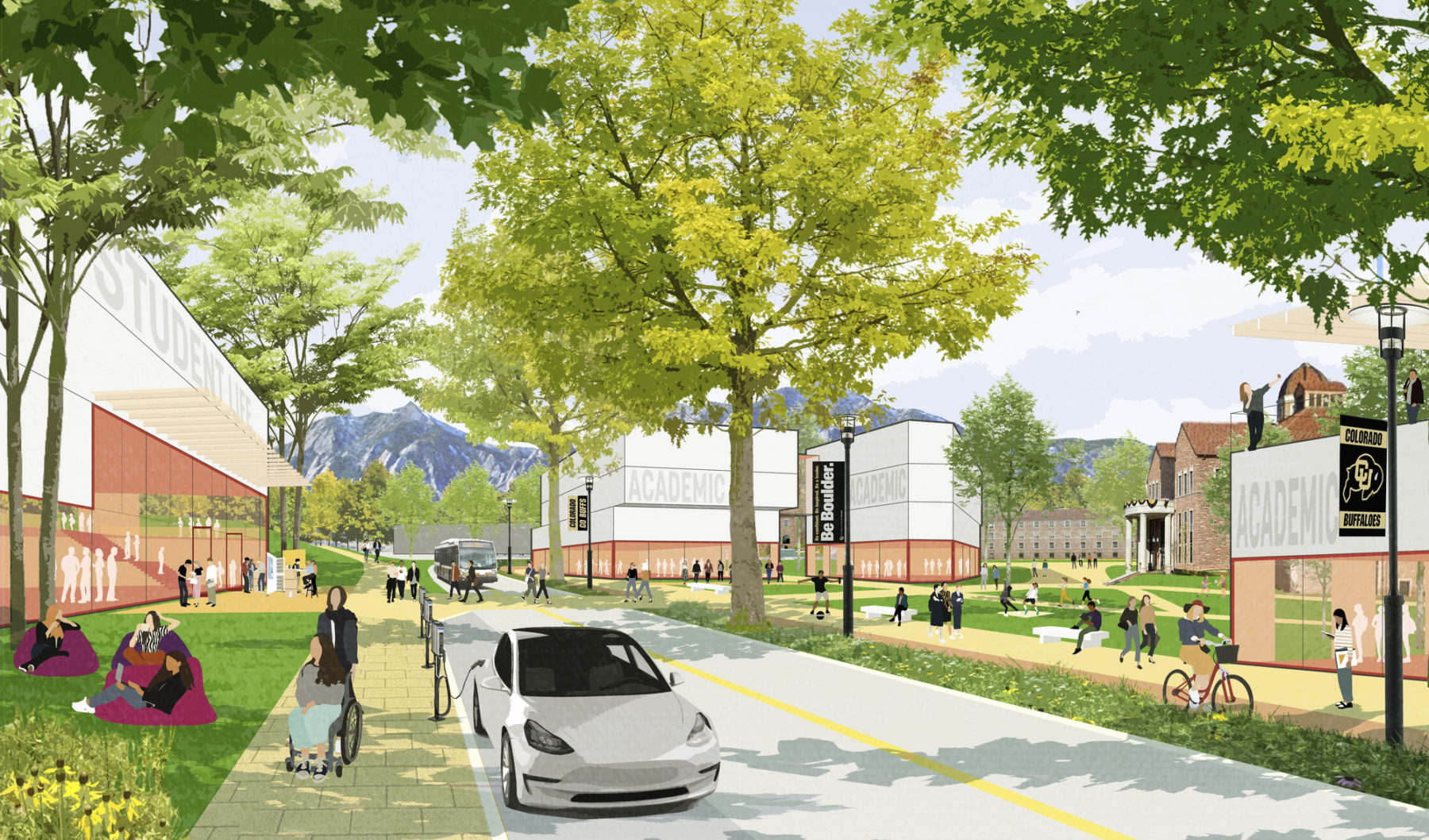 rendering of street along the business quad - a car is parked in the foreground and people walk and bike along the paths
