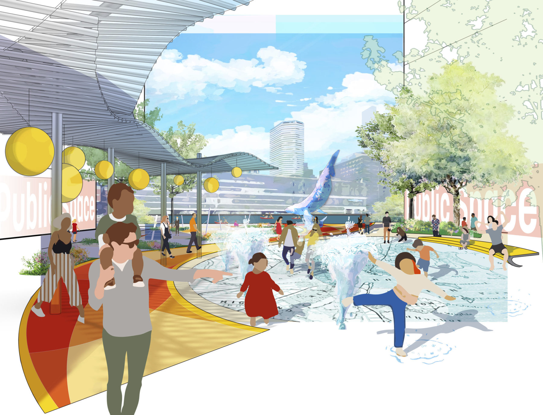 college rendering of water feature. kids splash in the fountain