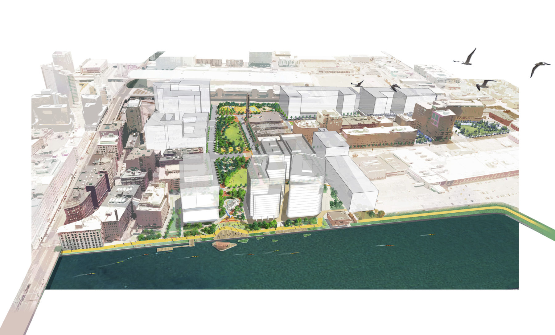 aerial perspective rendering of the site area