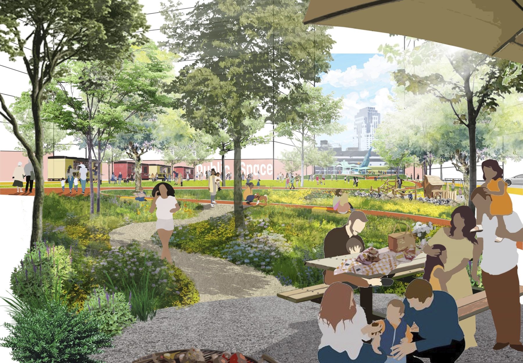 collage rendering of inland park. a picnic table with parents and children in the foreground and a winding path in the background