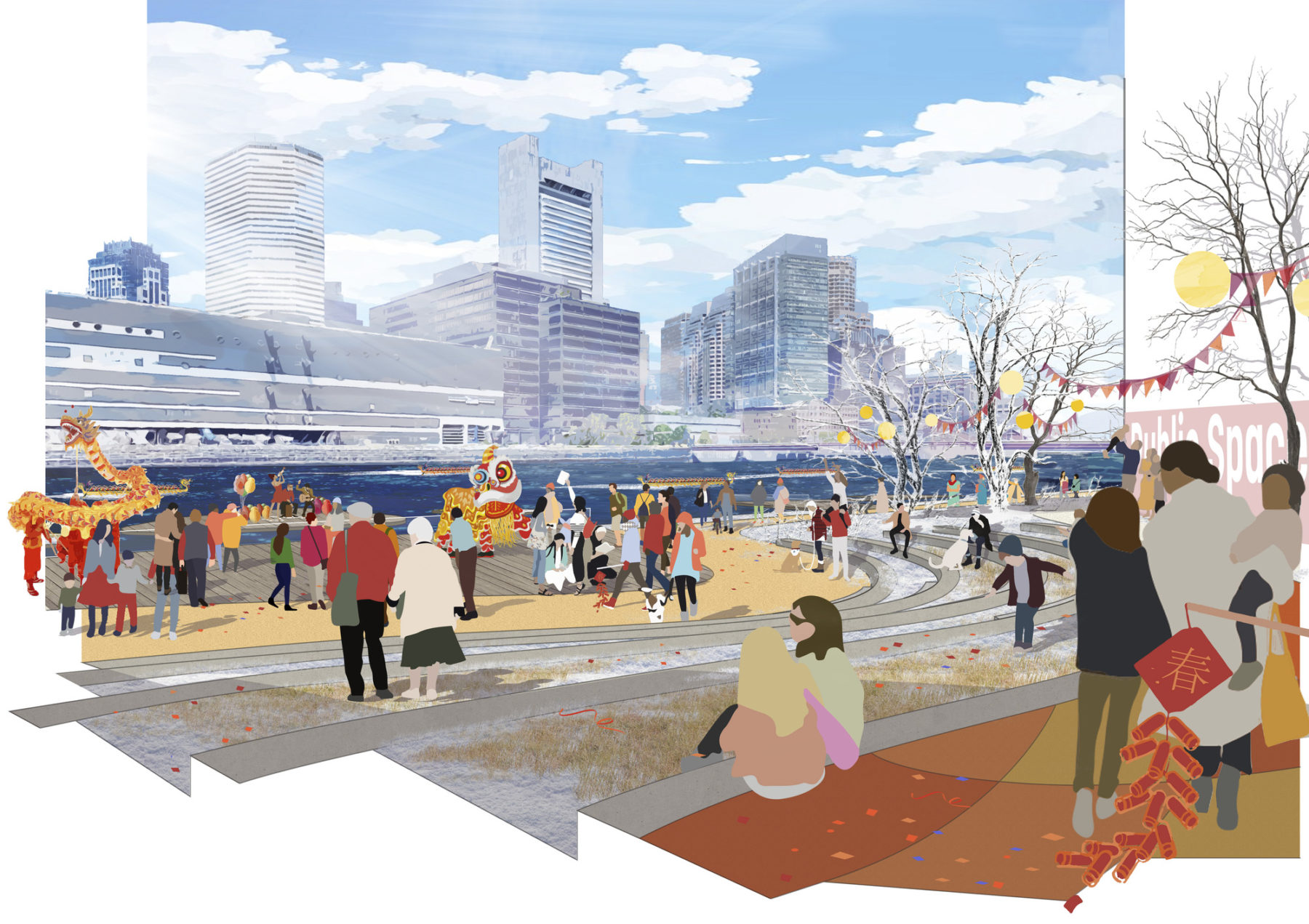 collage rendering of amphitheater along the waterfront. a cultural community event is being held