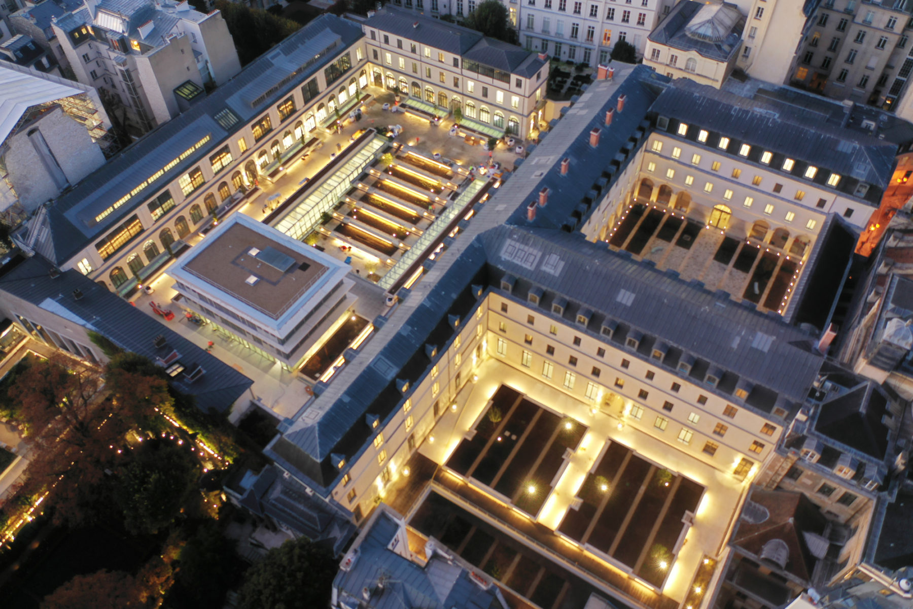 aerial photo over top of the learning gardens at dusk