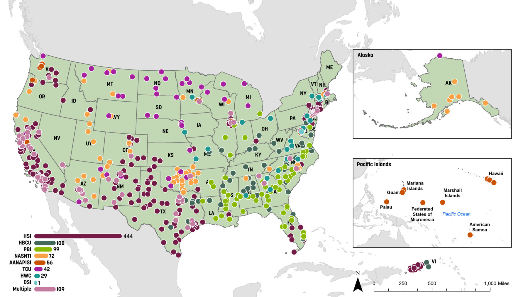 Map of colleges in the United States that primarily serve historically marginalized communities