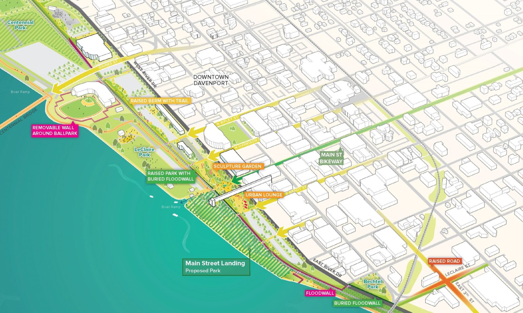 aerial drawing of downtown davenport adjacent to the river highlighting amenities in the proposed design