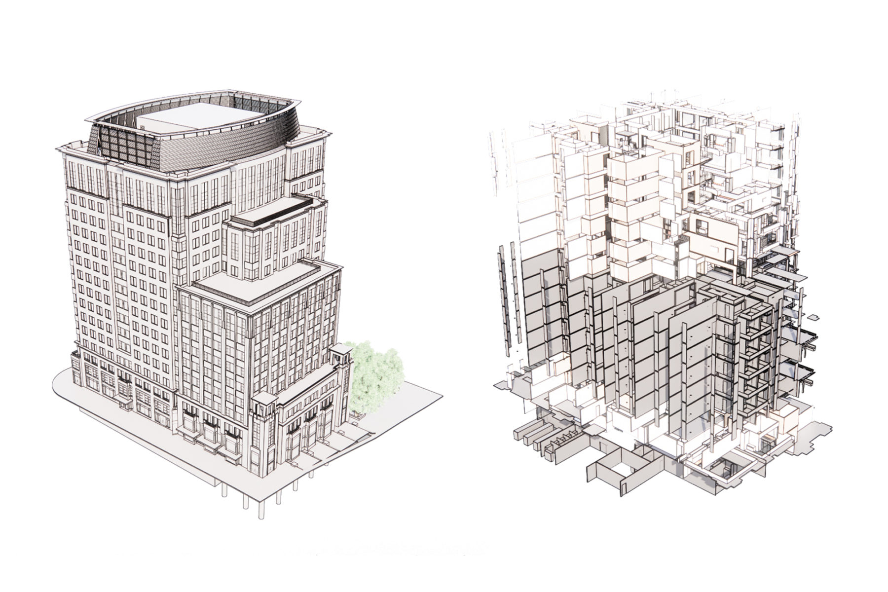 two renderings of a building model - one of the building's exterior, and one of its interior