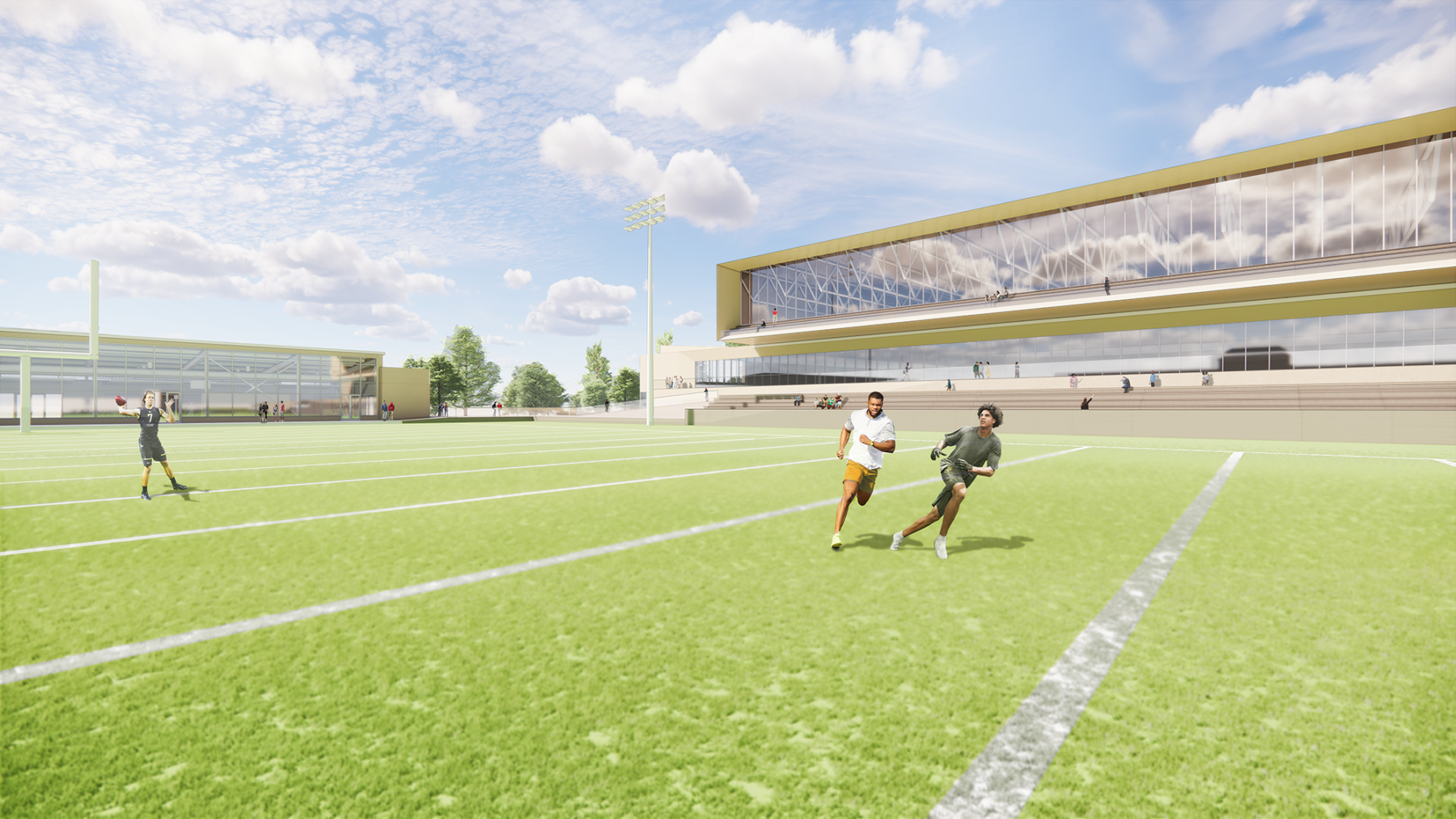 Rendering of students playing soccer in field in front of the new Bryant University Convocation Center