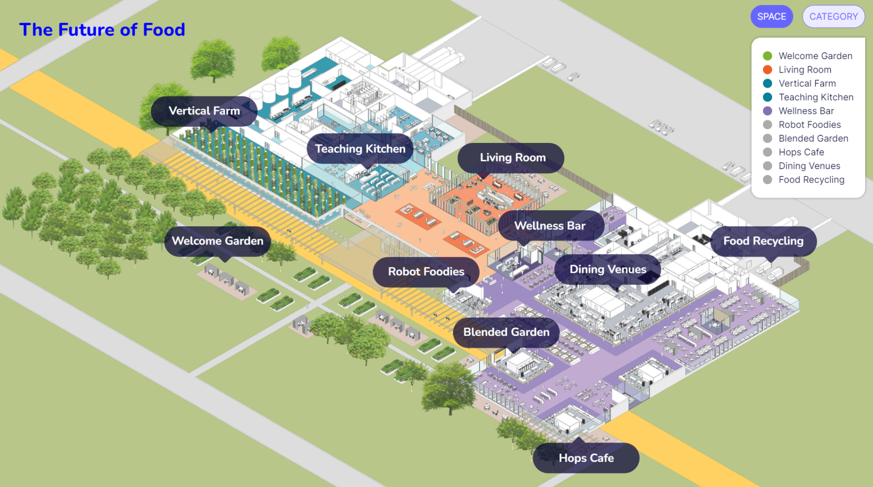 axon diagram of a campus building with different areas labeled