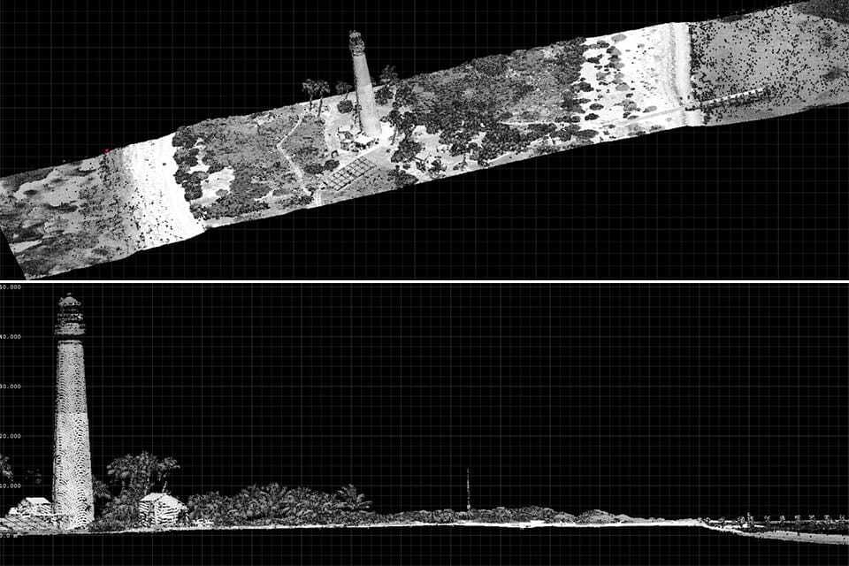 Image of LiDAR data of a lighthouse from two different angles