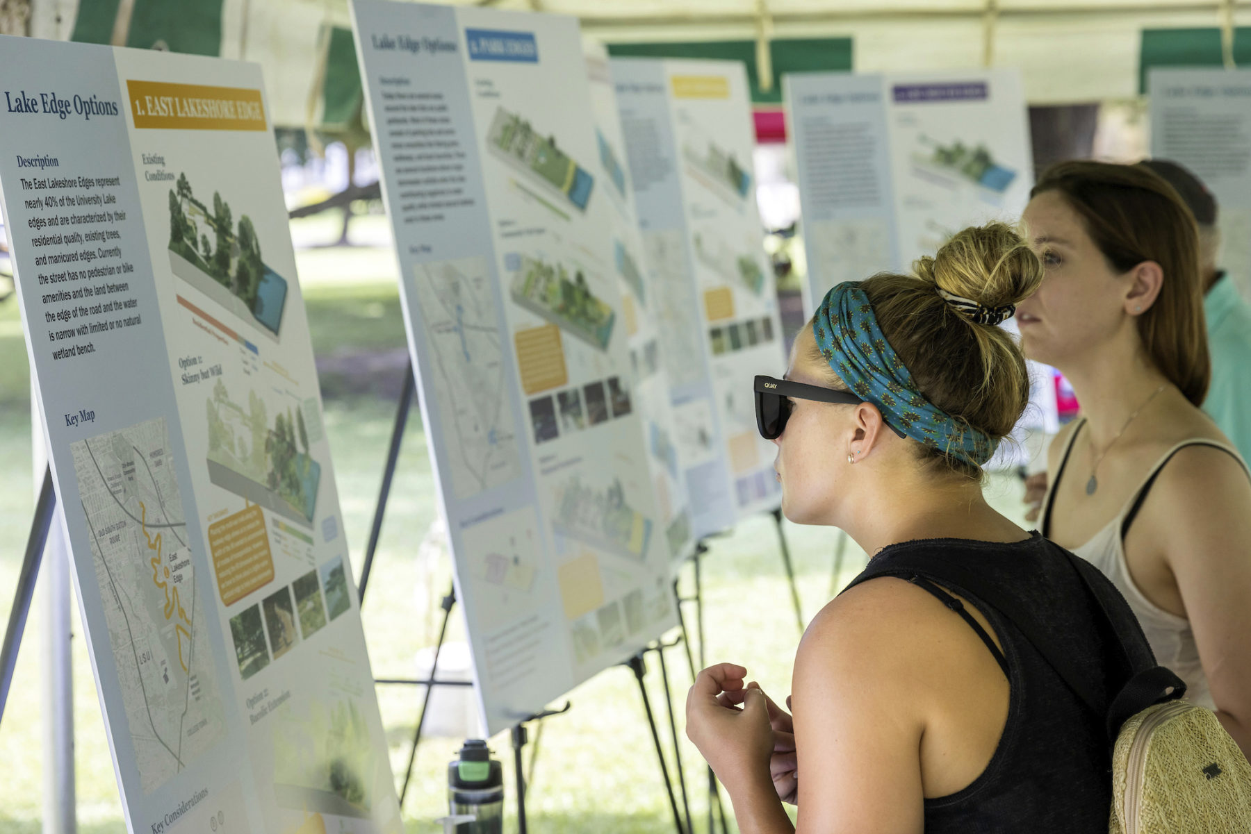 photo of public engagement session. a woman looks at printed boards with site vision