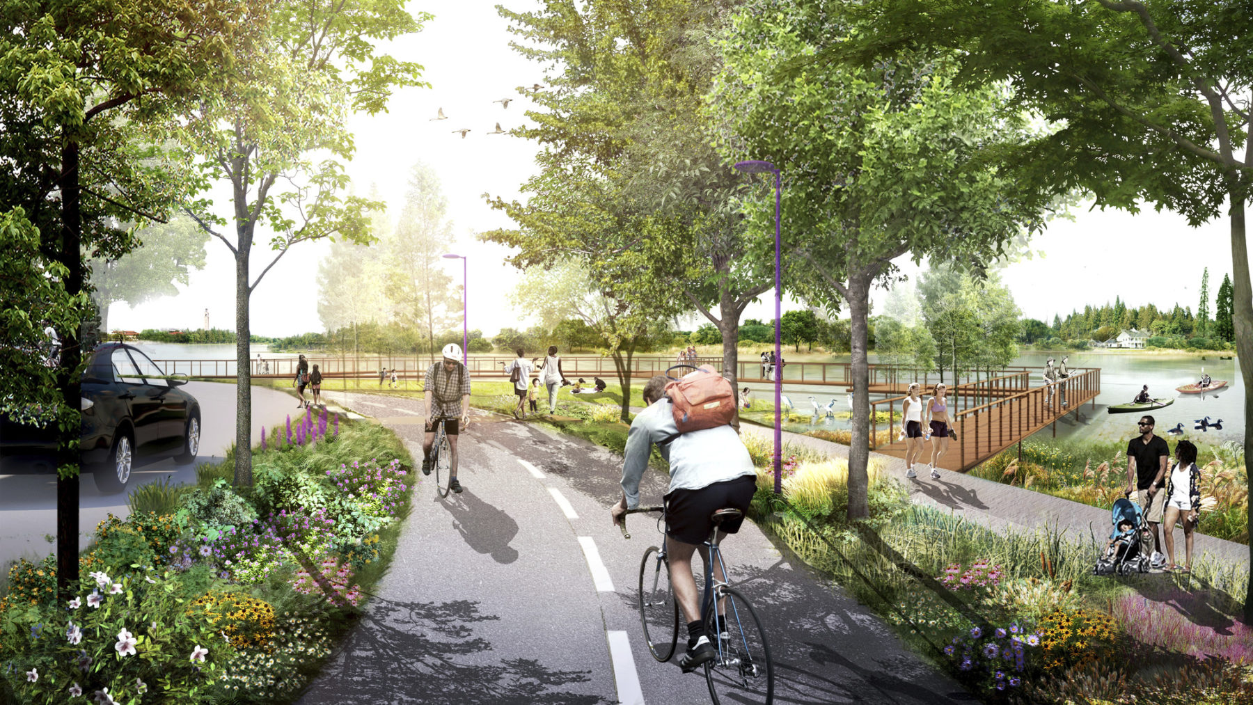 rendering of site vision with a bike path along the waterfront. people pike and walk along designated paths