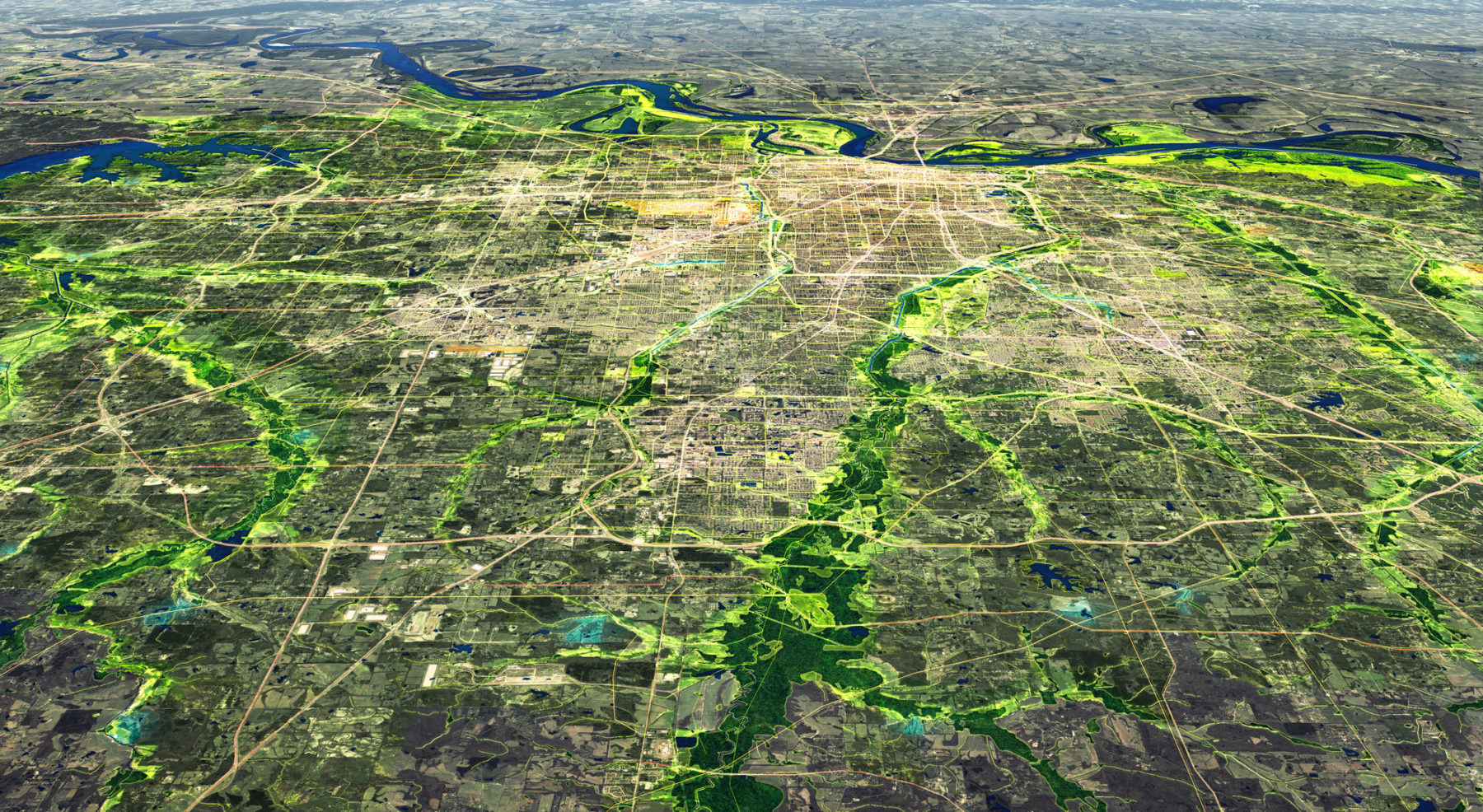 aerial perspective drawing of region highlighting waterways