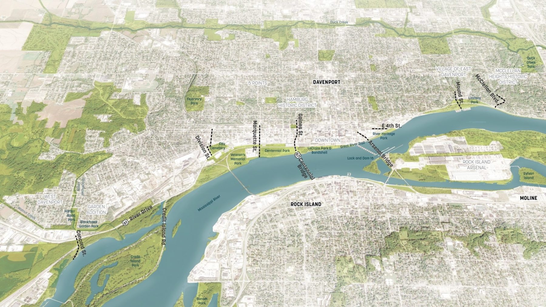 aerial drawing of site area highlighting major streets and landmarks