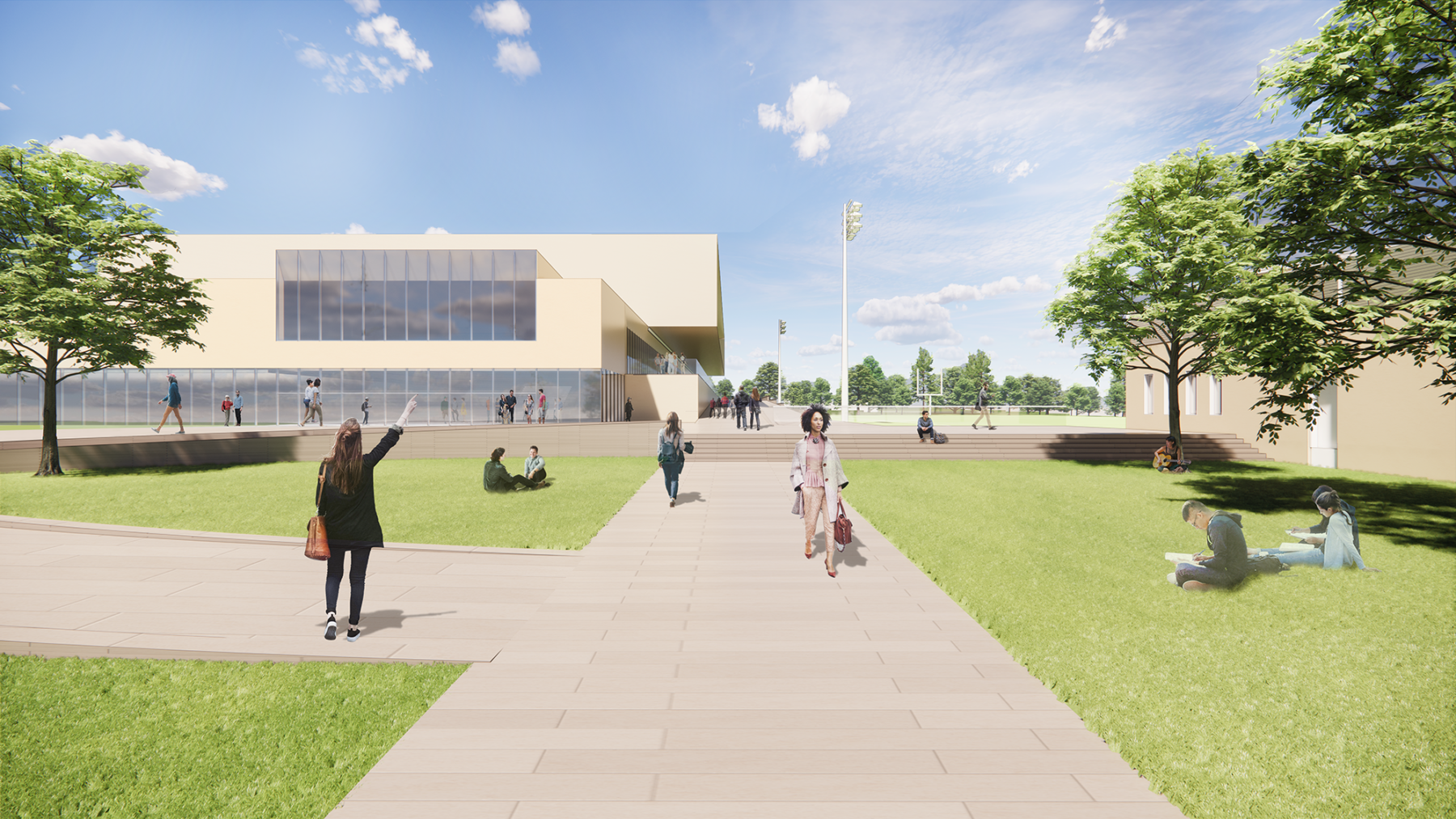 Rendering of people walking and biking on sidewalk in front of Bryant University Convocation Center