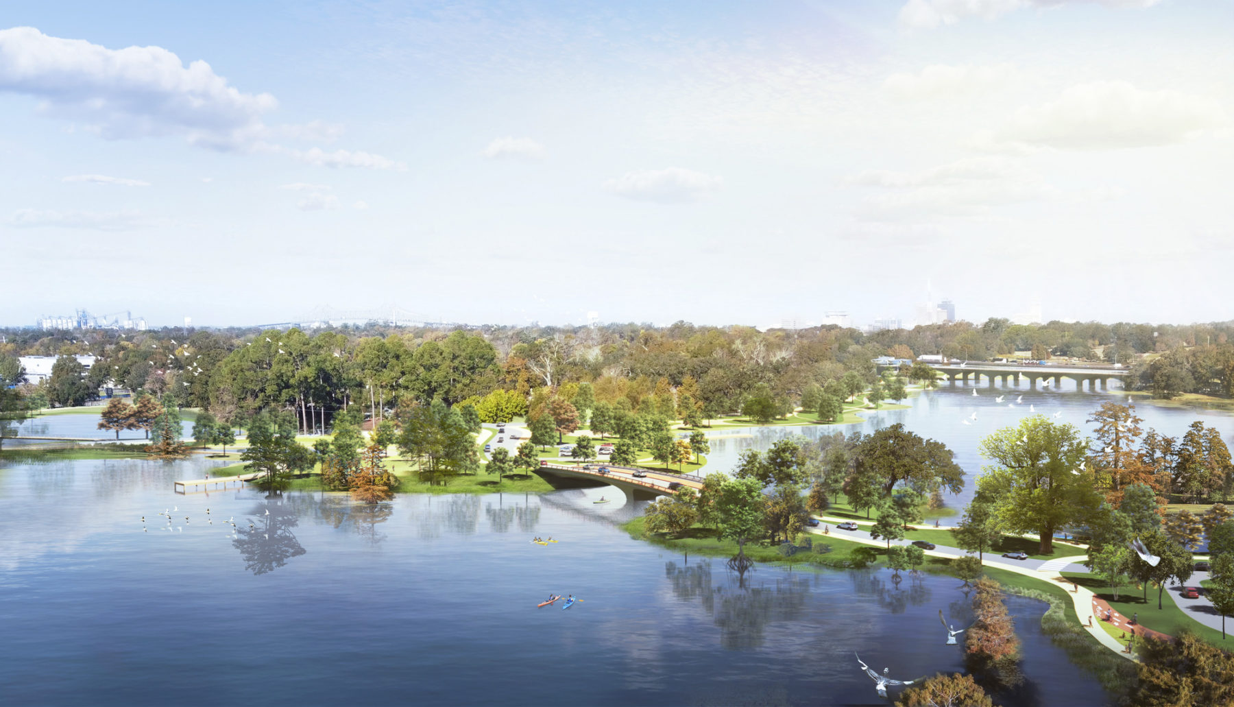 aerial rendering of site looking towards two bridges across the lake