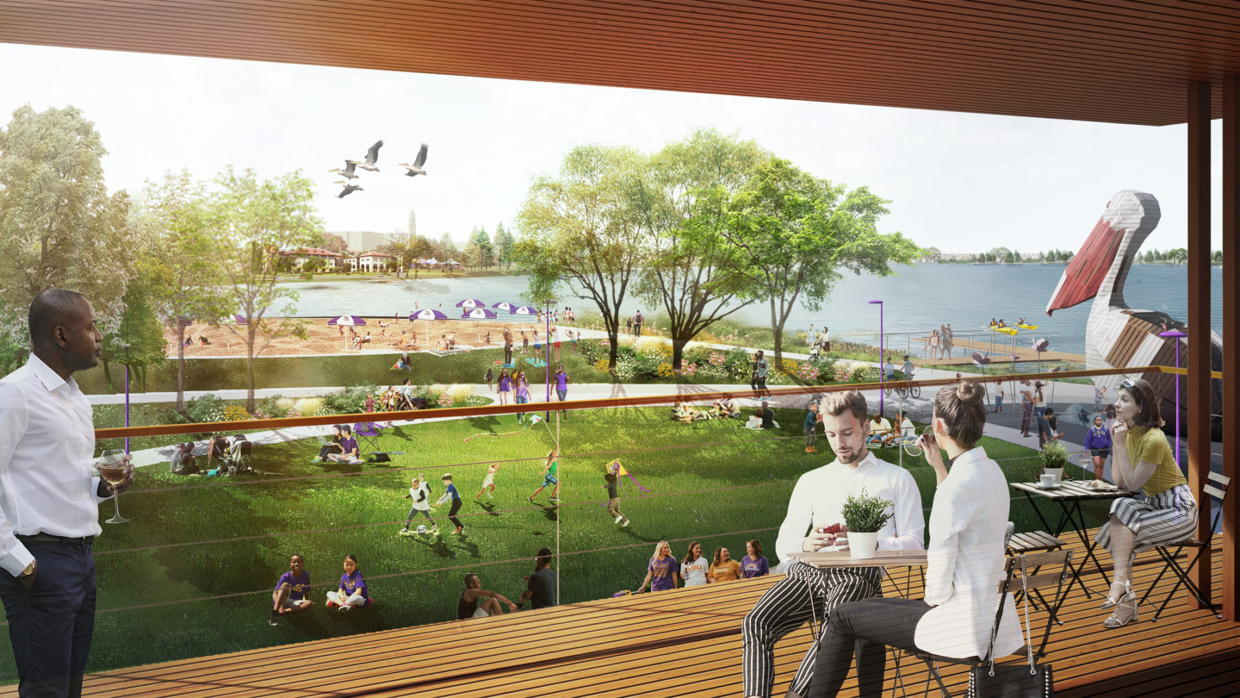 rendering of site vision from pavilion overlooking lakefront. people sit at cafe tables and a large wooden pelican structure is in the background