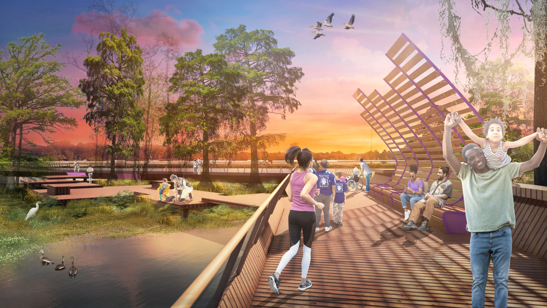 rendering of site vision with people running and walking along a boardwalk