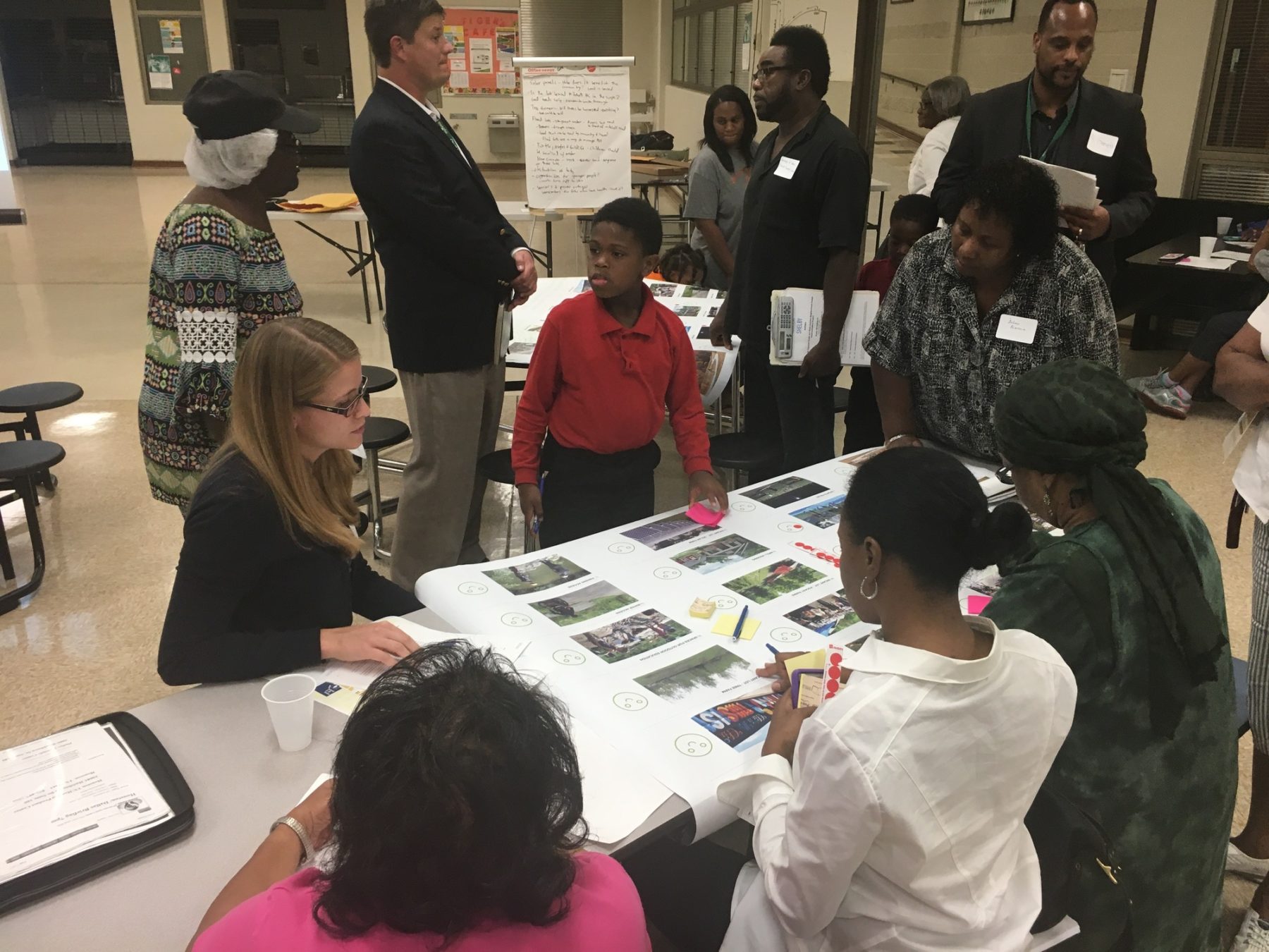 photo of public engagement session. community members gather around a table with photos of their community