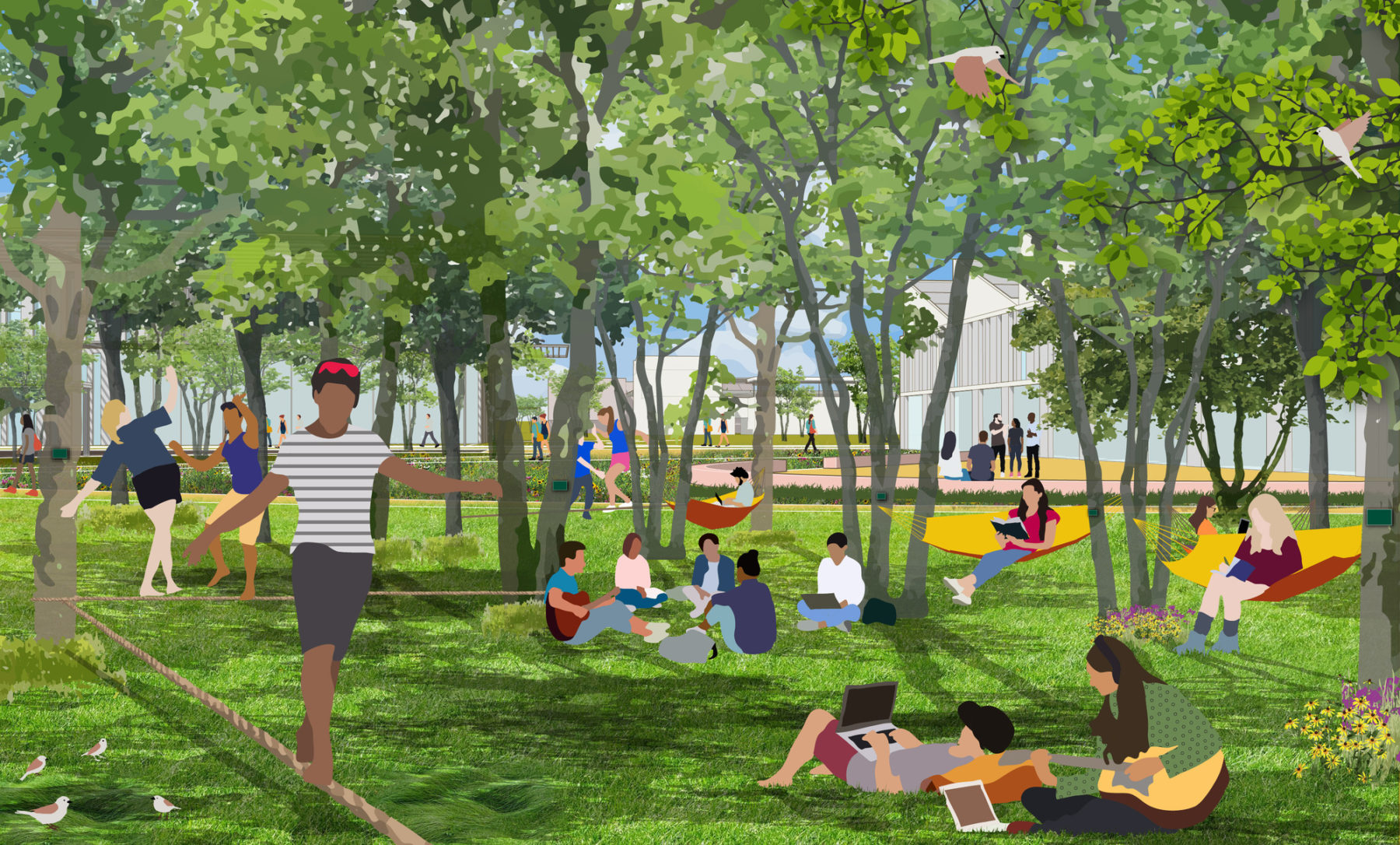 rendering of campus green. Students site amongst the trees in hammocks