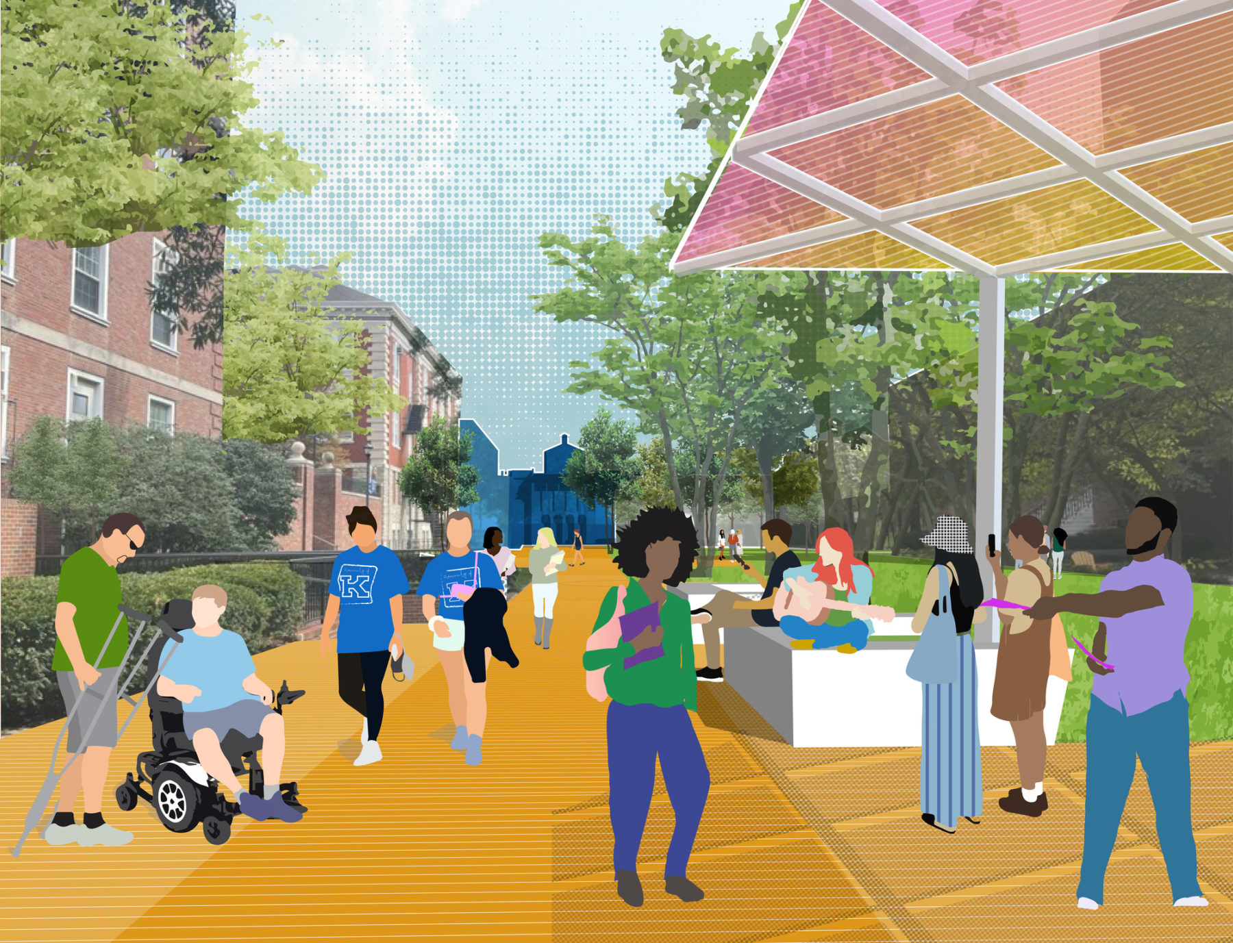 rendering of UK campus plaza students of all ethnicities and ability levels move along the plaza